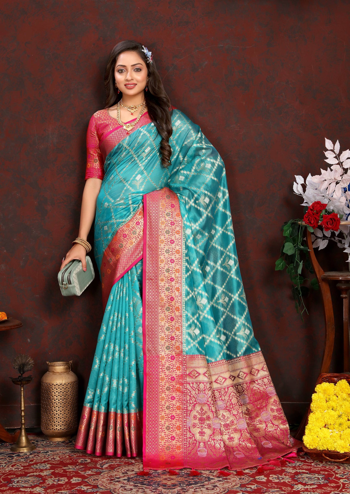 luxurious designer Women's Soft  Organza silk saree with Meenakari  weawing design  and  Rich Meenakari  weawing silk saree