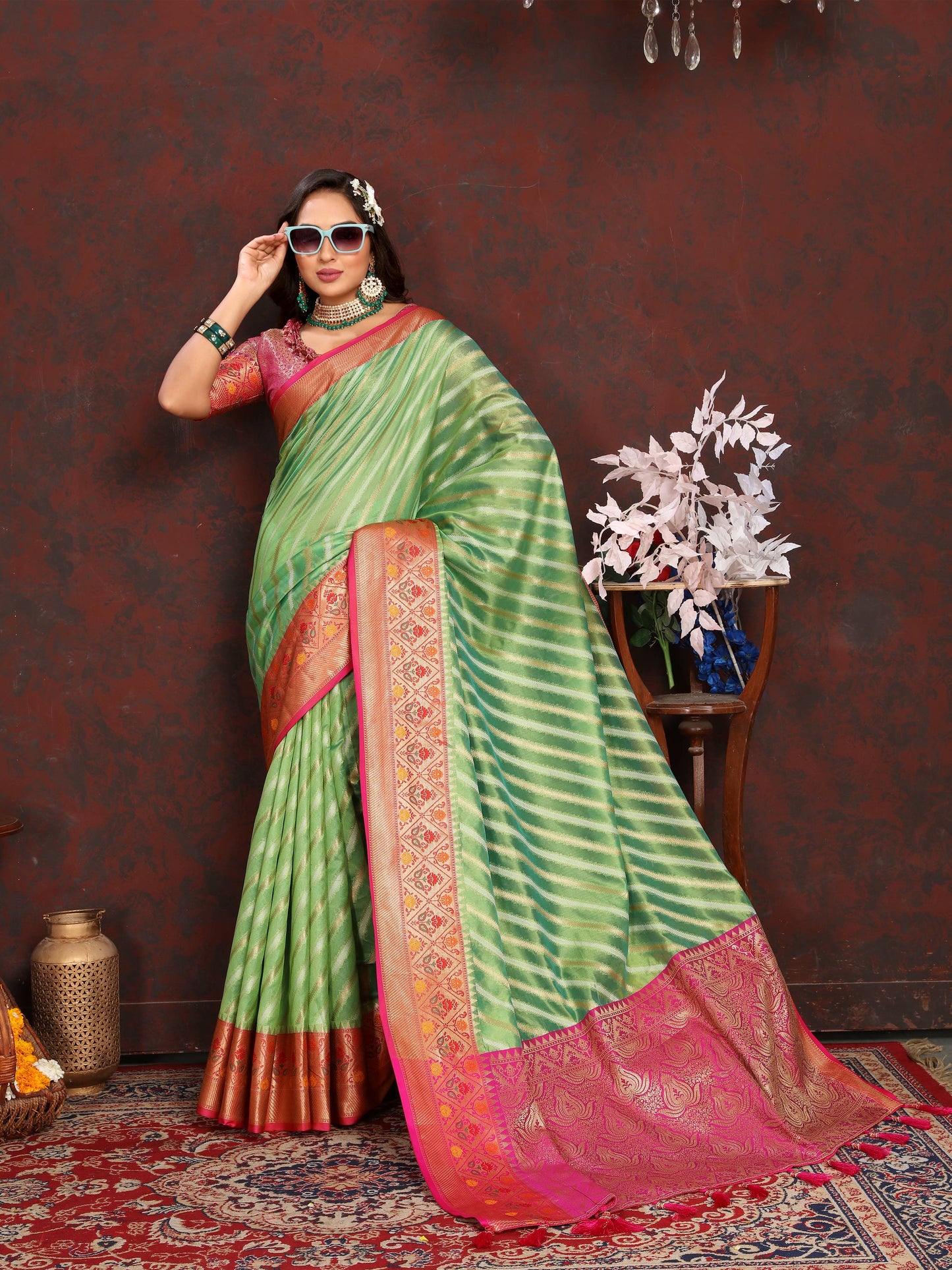 luxurious designer Women's Soft  Organza silk saree with Meenakari  weawing design  and  Rich Meenakari  weawing silk saree