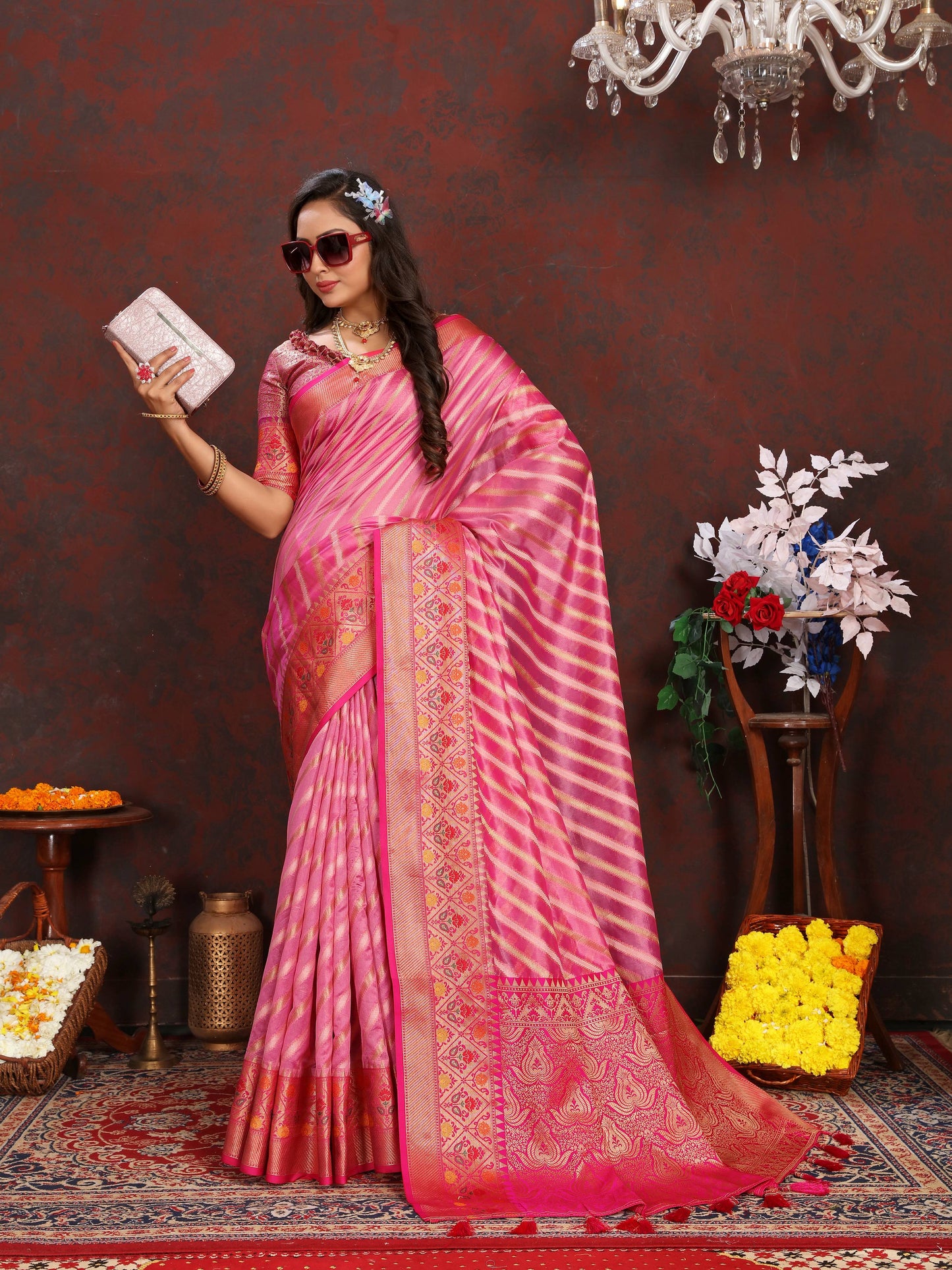 luxurious designer Women's Soft  Organza silk saree with Meenakari  weawing design  and  Rich Meenakari  weawing silk saree