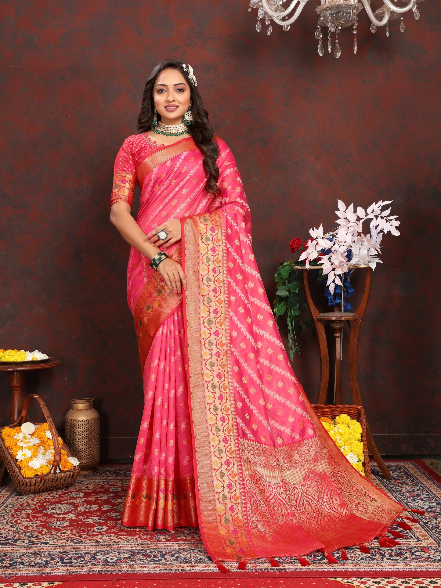 luxurious designer Women's Soft  Organza silk saree with Meenakari  weawing design  and  Rich Meenakari  weawing silk saree