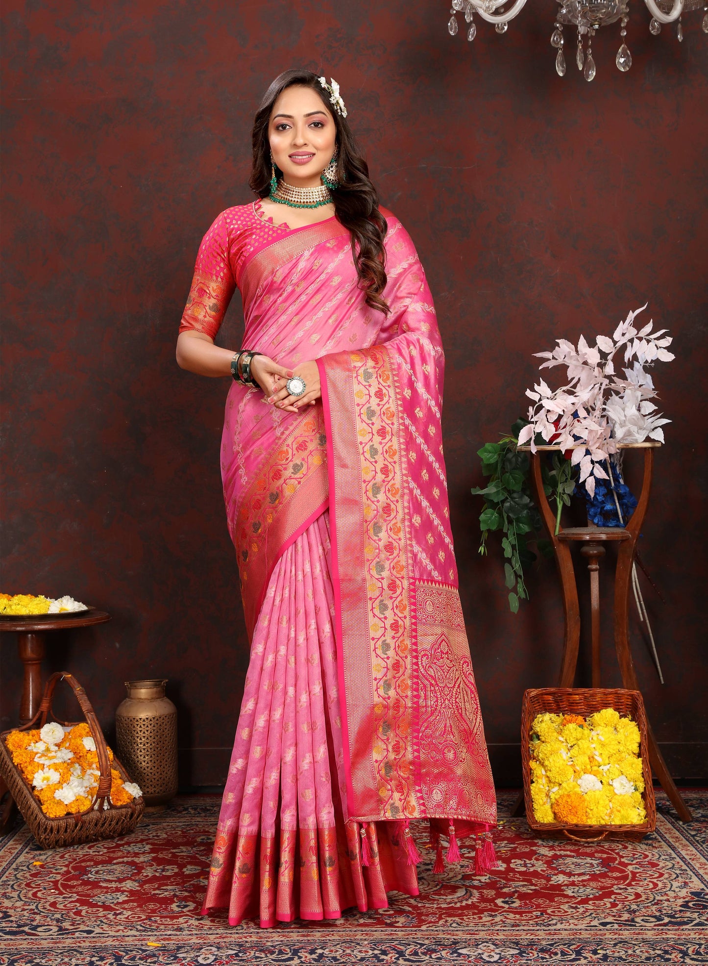 luxurious designer Women's Soft  Organza silk saree with Meenakari  weawing design  and  Rich Meenakari  weawing silk saree