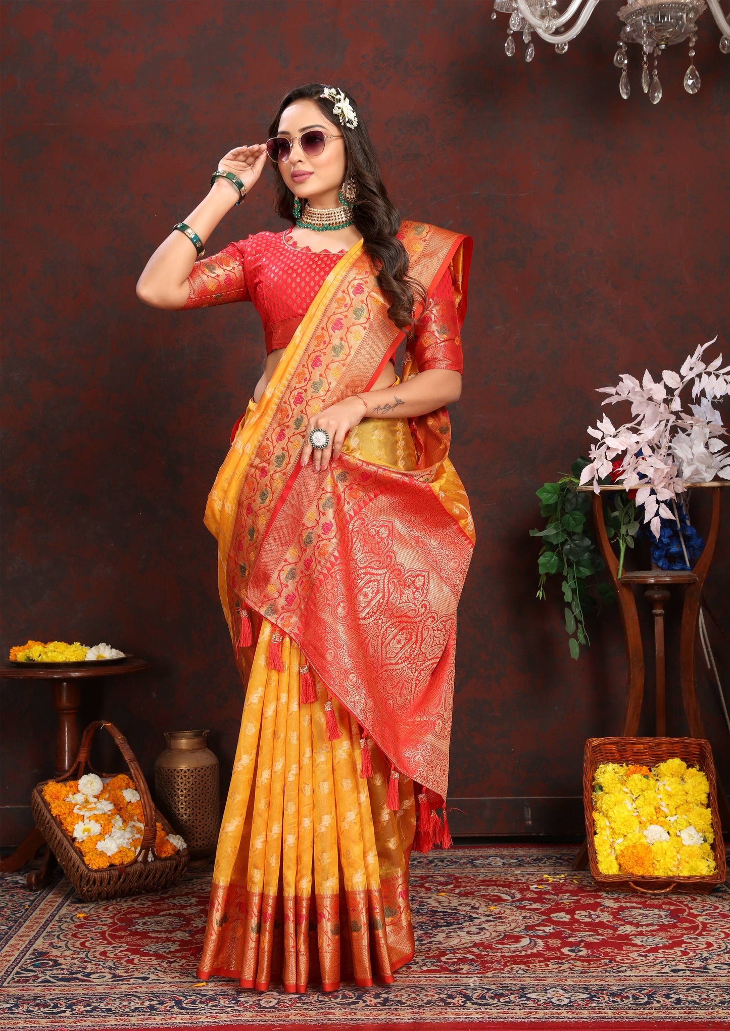 luxurious designer Women's Soft  Organza silk saree with Meenakari  weawing design  and  Rich Meenakari  weawing silk saree