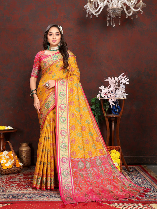 luxurious designer Women's Soft  Patola  silk saree with Meenakari  zari weawing motifs  and Rich Zari weawing silk saree