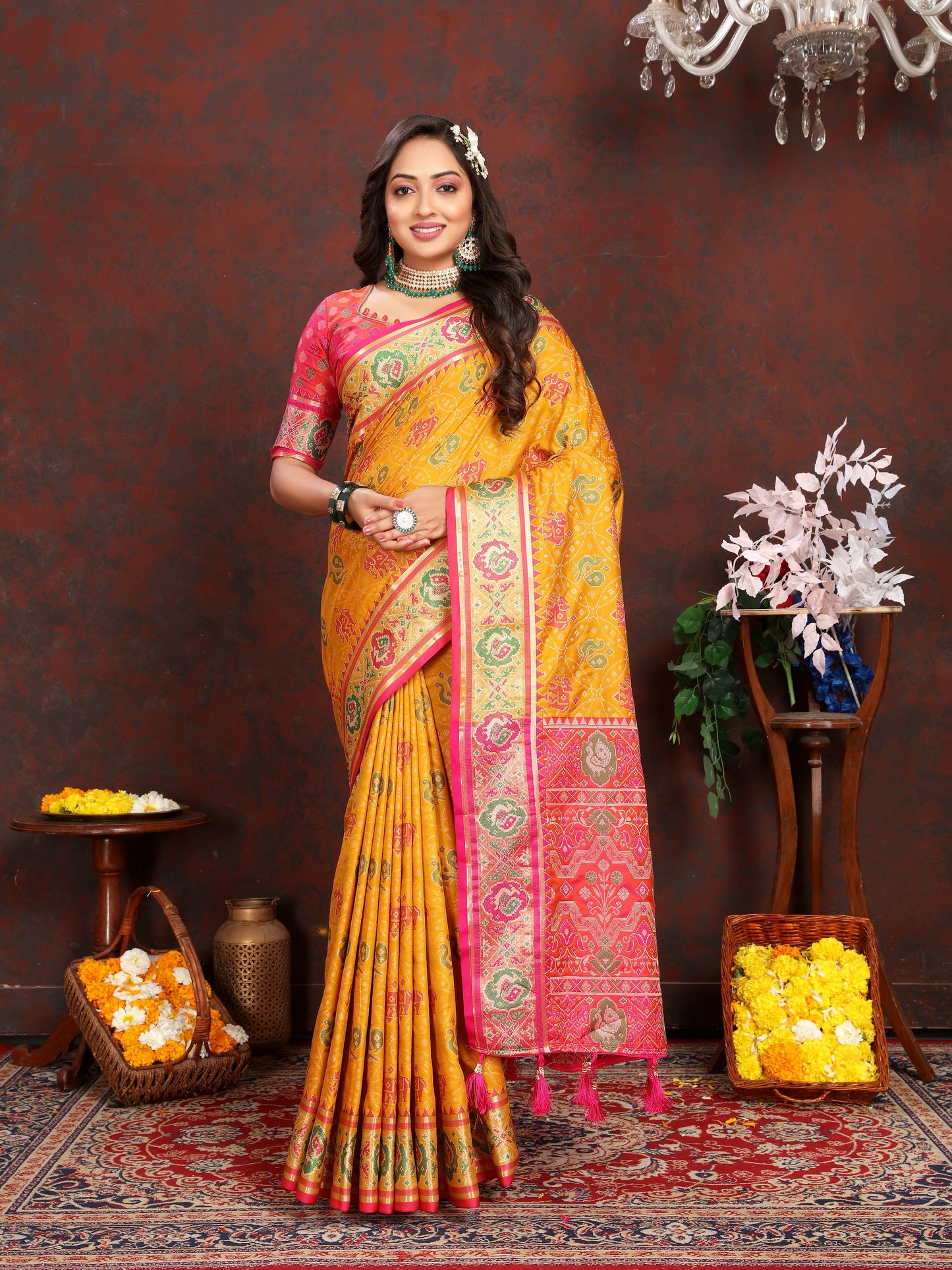 luxurious designer Women's Soft  Patola  silk saree with Meenakari  zari weawing motifs  and Rich Zari weawing silk saree