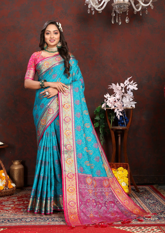 luxurious designer Women's Soft  Patola  silk saree with Meenakari  zari weawing motifs  and Rich Zari weawing silk saree