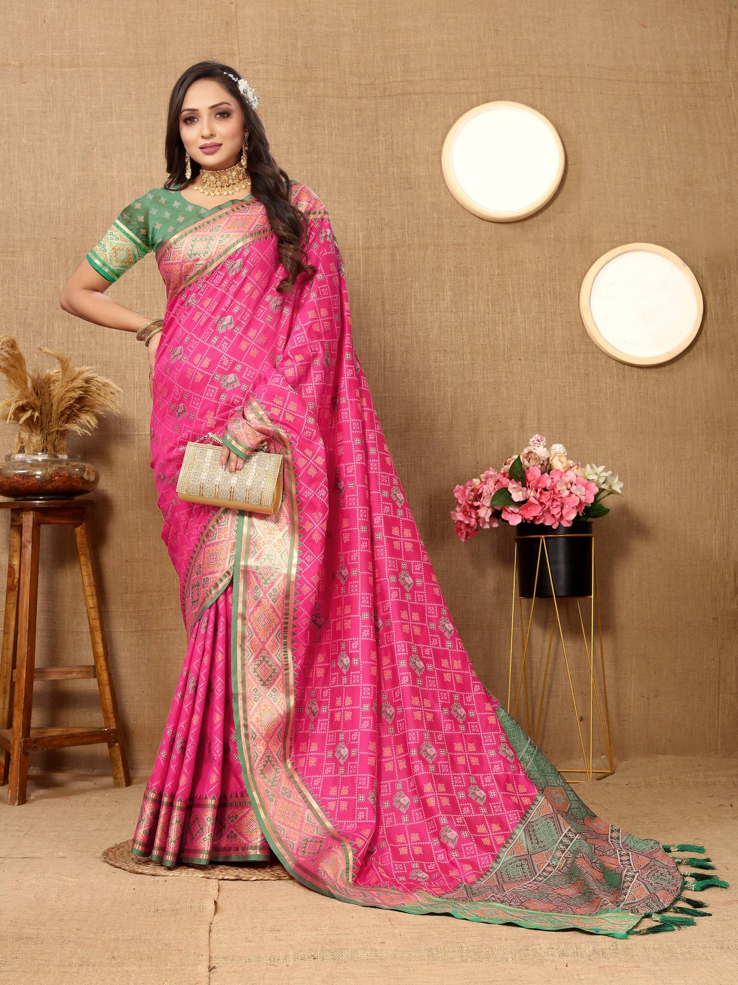 luxurious designer Women's Soft  Patola  silk saree with Meenakari  zari weawing motifs  and Rich Zari weawing silk saree