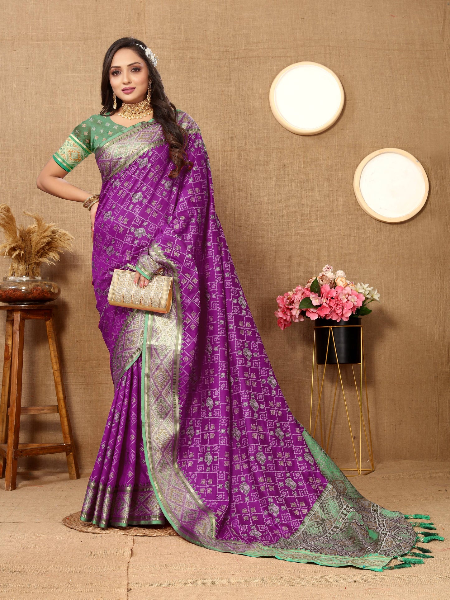 luxurious designer Women's Soft  Patola  silk saree with Meenakari  zari weawing motifs  and Rich Zari weawing silk saree