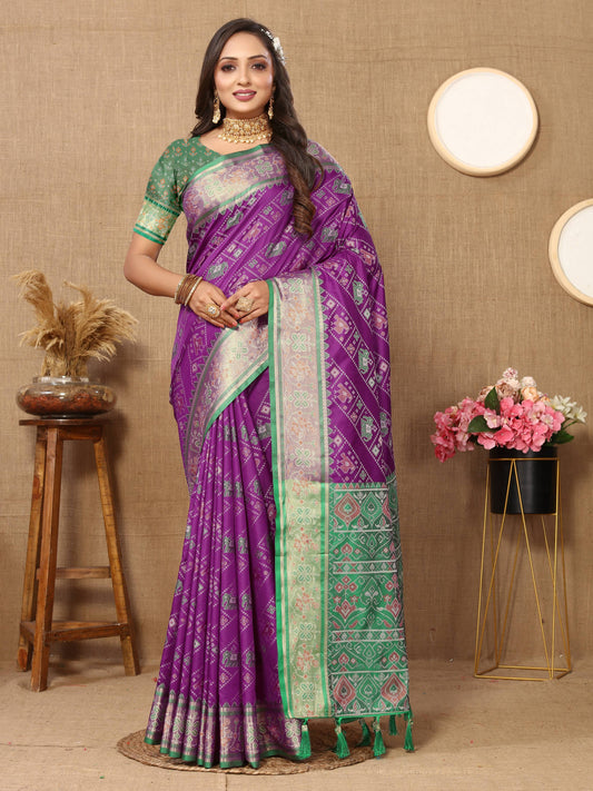 luxurious designer Women's Soft  Patola  silk saree with Meenakari  zari weawing motifs  and Rich Zari weawing silk saree