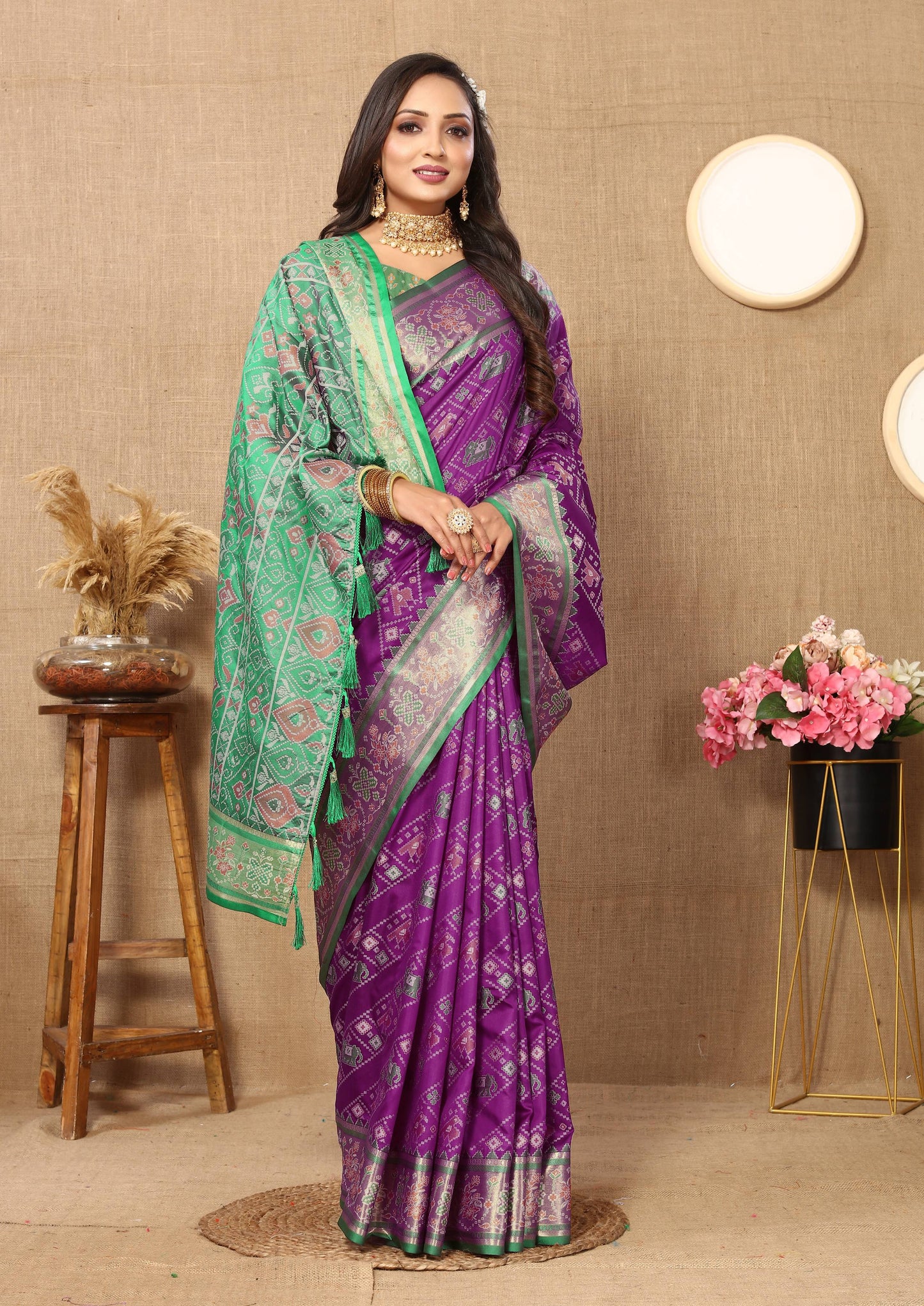 luxurious designer Women's Soft  Patola  silk saree with Meenakari  zari weawing motifs  and Rich Zari weawing silk saree