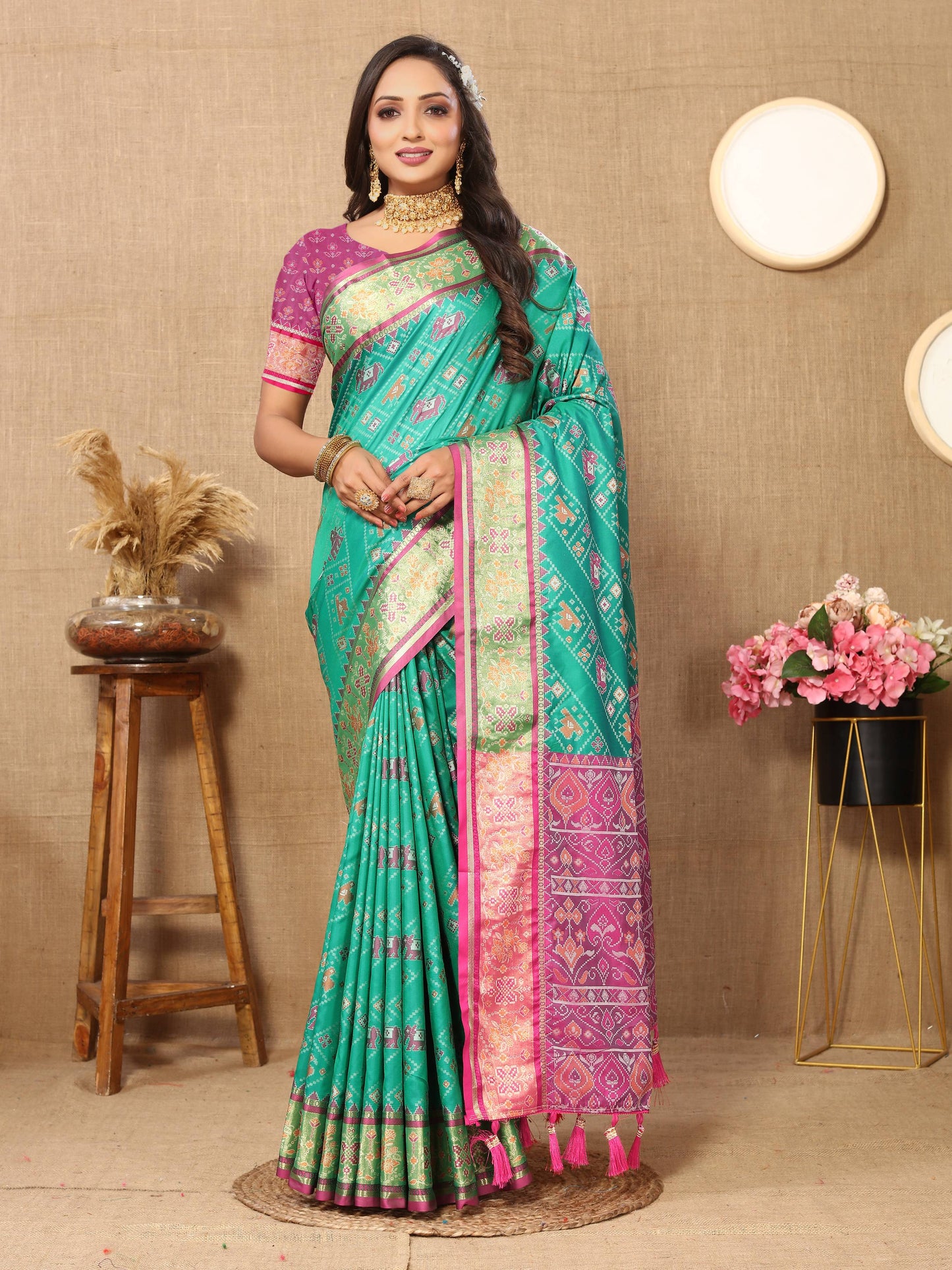 luxurious designer Women's Soft  Patola  silk saree with Meenakari  zari weawing motifs  and Rich Zari weawing silk saree