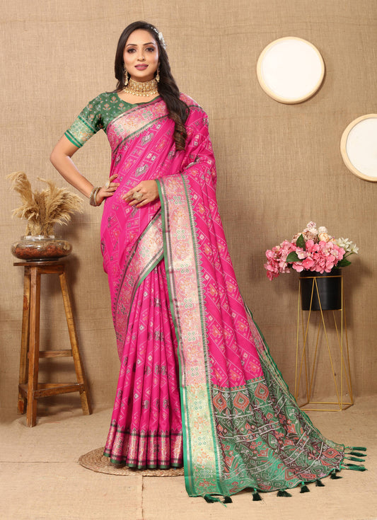 luxurious designer Women's Soft  Patola  silk saree with Meenakari  zari weawing motifs  and Rich Zari weawing silk saree