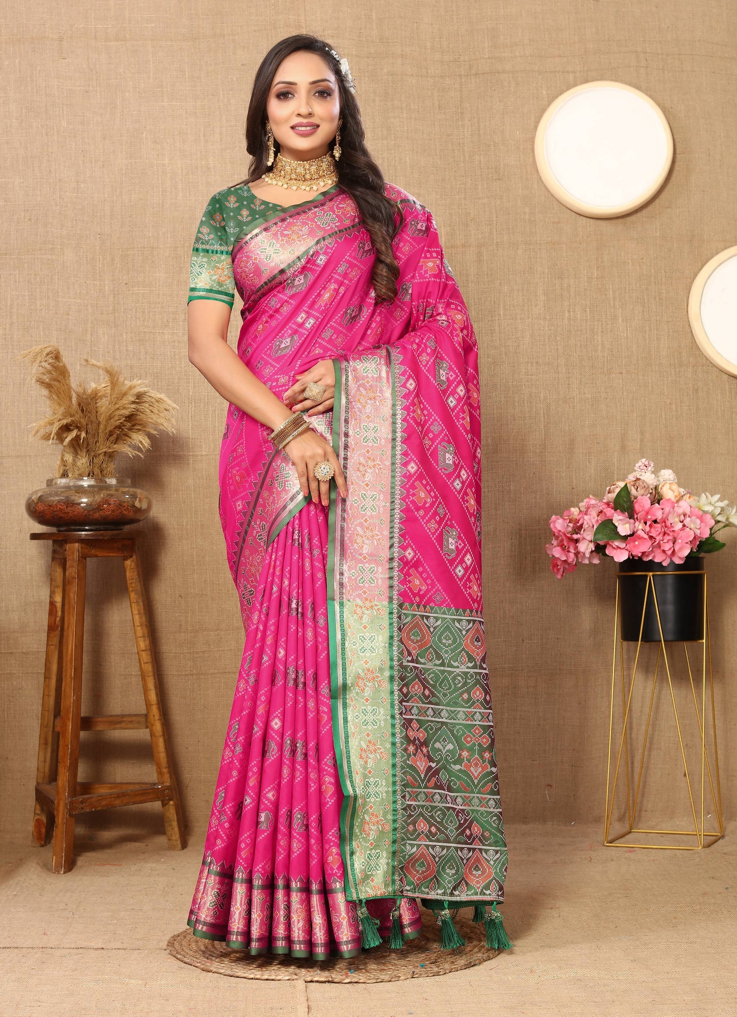 luxurious designer Women's Soft  Patola  silk saree with Meenakari  zari weawing motifs  and Rich Zari weawing silk saree