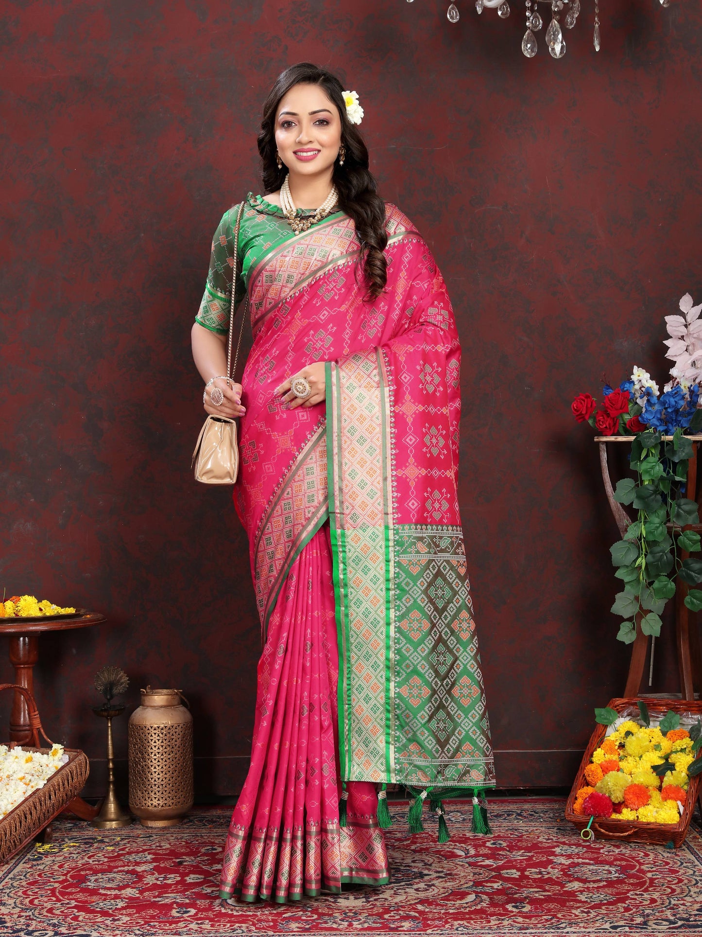 luxurious designer Women's Soft  Patola  silk saree with Meenakari  zari weawing motifs  and Rich Zari weawing silk saree