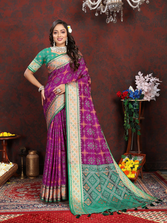 luxurious designer Women's Soft  Patola  silk saree with Meenakari  zari weawing motifs  and Rich Zari weawing silk saree