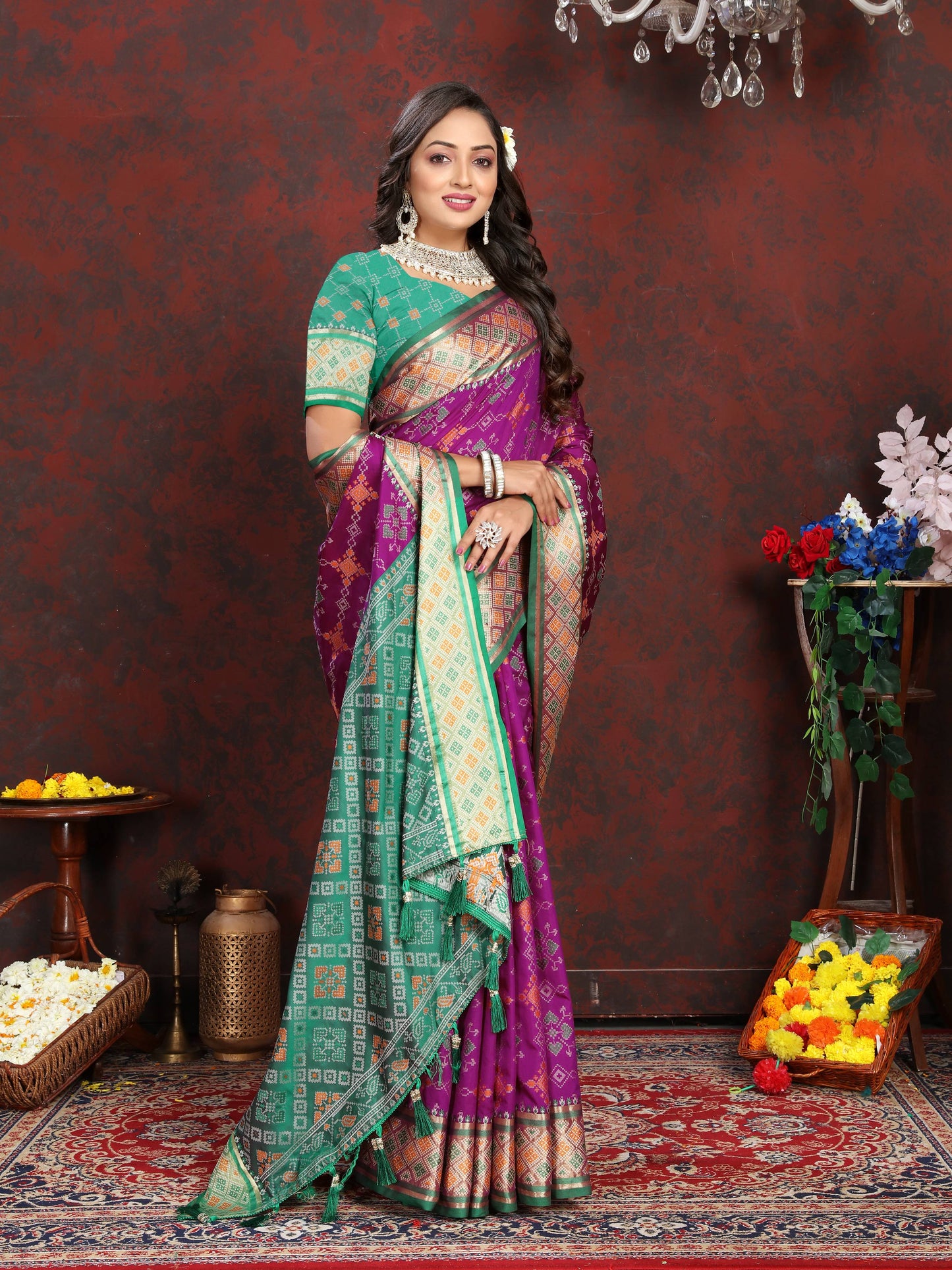 luxurious designer Women's Soft  Patola  silk saree with Meenakari  zari weawing motifs  and Rich Zari weawing silk saree