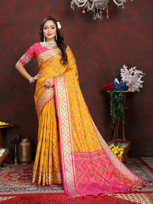 luxurious designer Women's Soft  Patola  silk saree with Meenakari  zari weawing motifs  and Rich Zari weawing silk saree