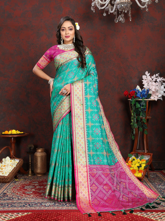 luxurious designer Women's Soft  Patola  silk saree with Meenakari  zari weawing motifs  and Rich Zari weawing silk saree