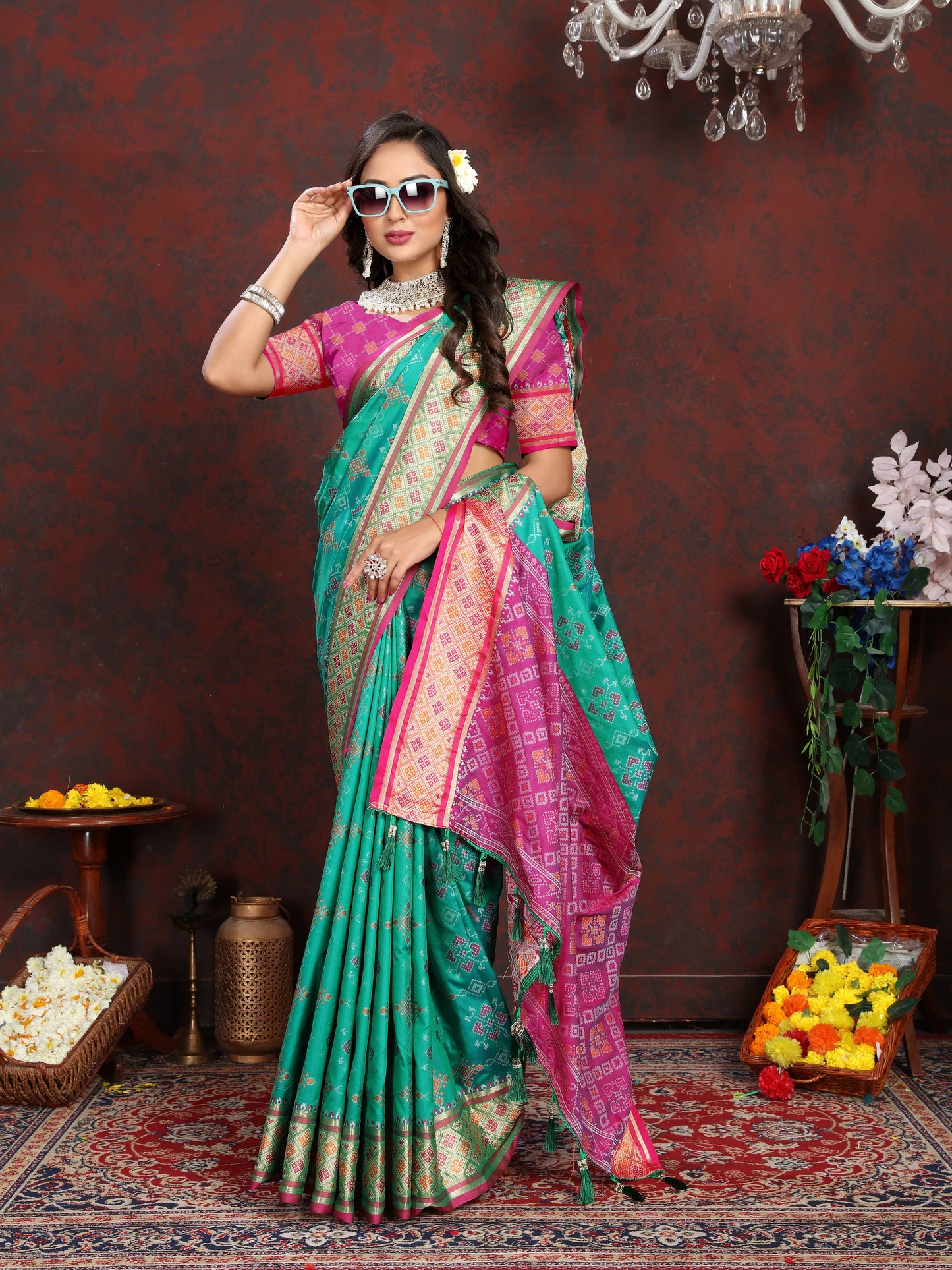 luxurious designer Women's Soft  Patola  silk saree with Meenakari  zari weawing motifs  and Rich Zari weawing silk saree