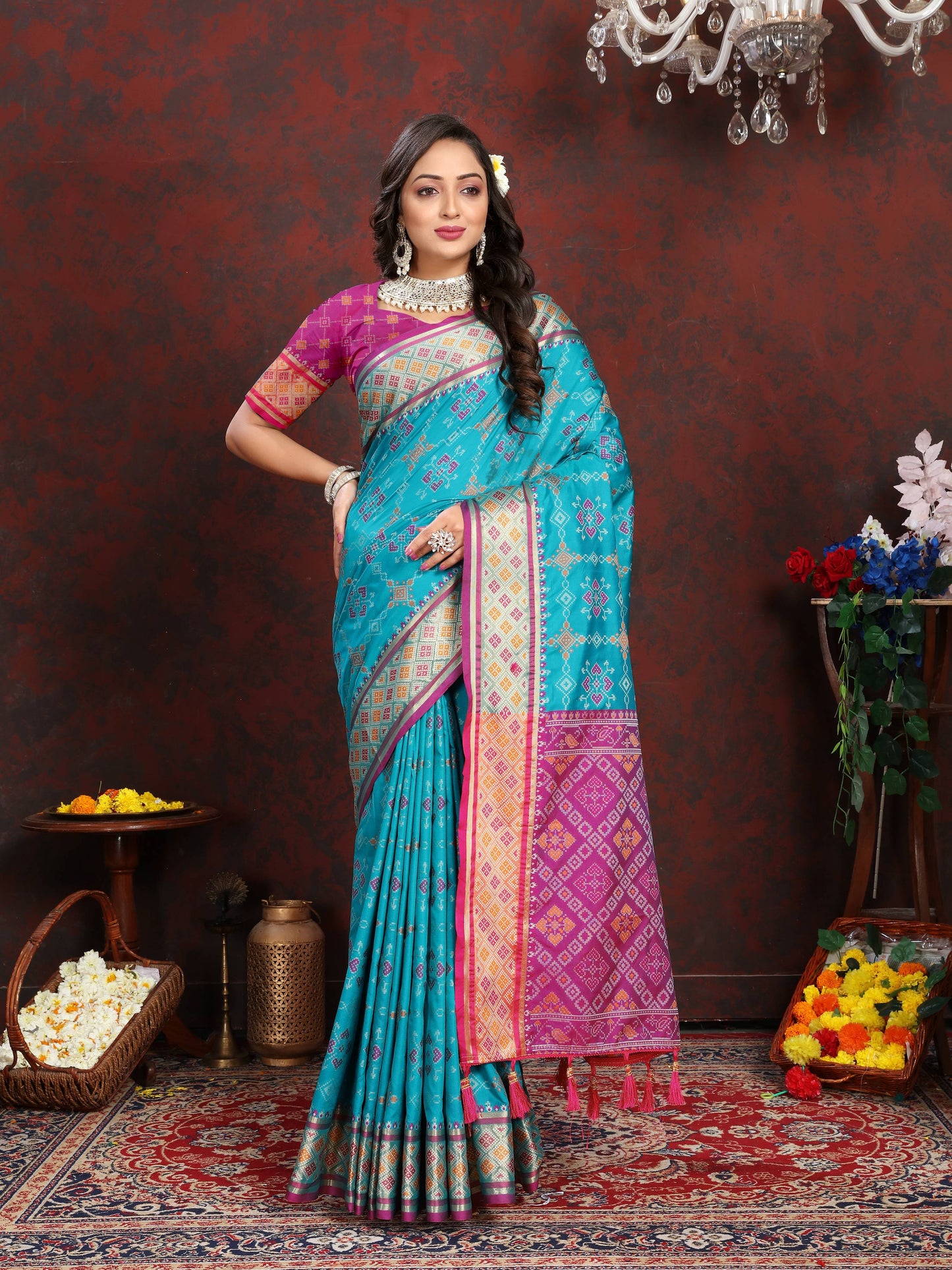 luxurious designer Women's Soft  Patola  silk saree with Meenakari  zari weawing motifs  and Rich Zari weawing silk saree