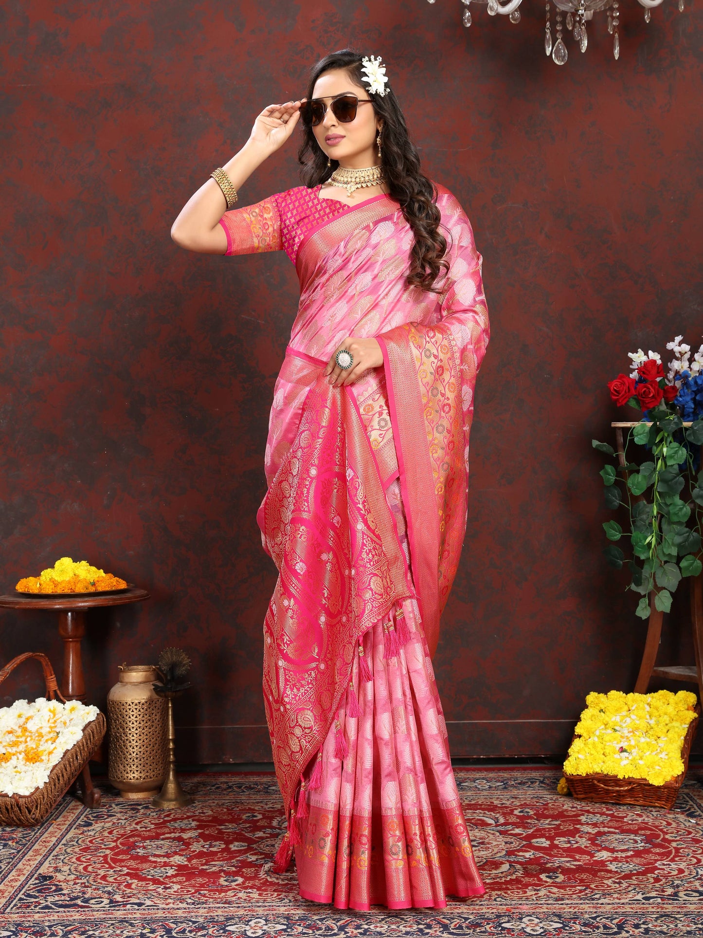 luxurious designer Women's Soft  Organza silk saree with Meenakari  weawing design  and  Rich Meenakari  weawing silk saree