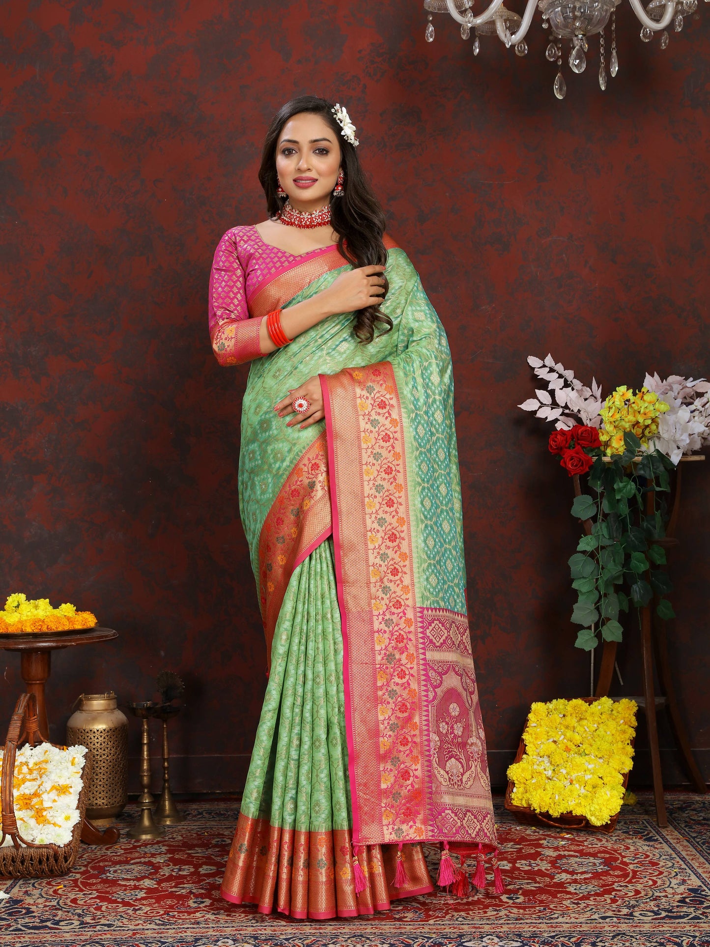 luxurious designer Women's Soft  Organza silk saree with Meenakari  weawing design  and  Rich Meenakari  weawing silk saree