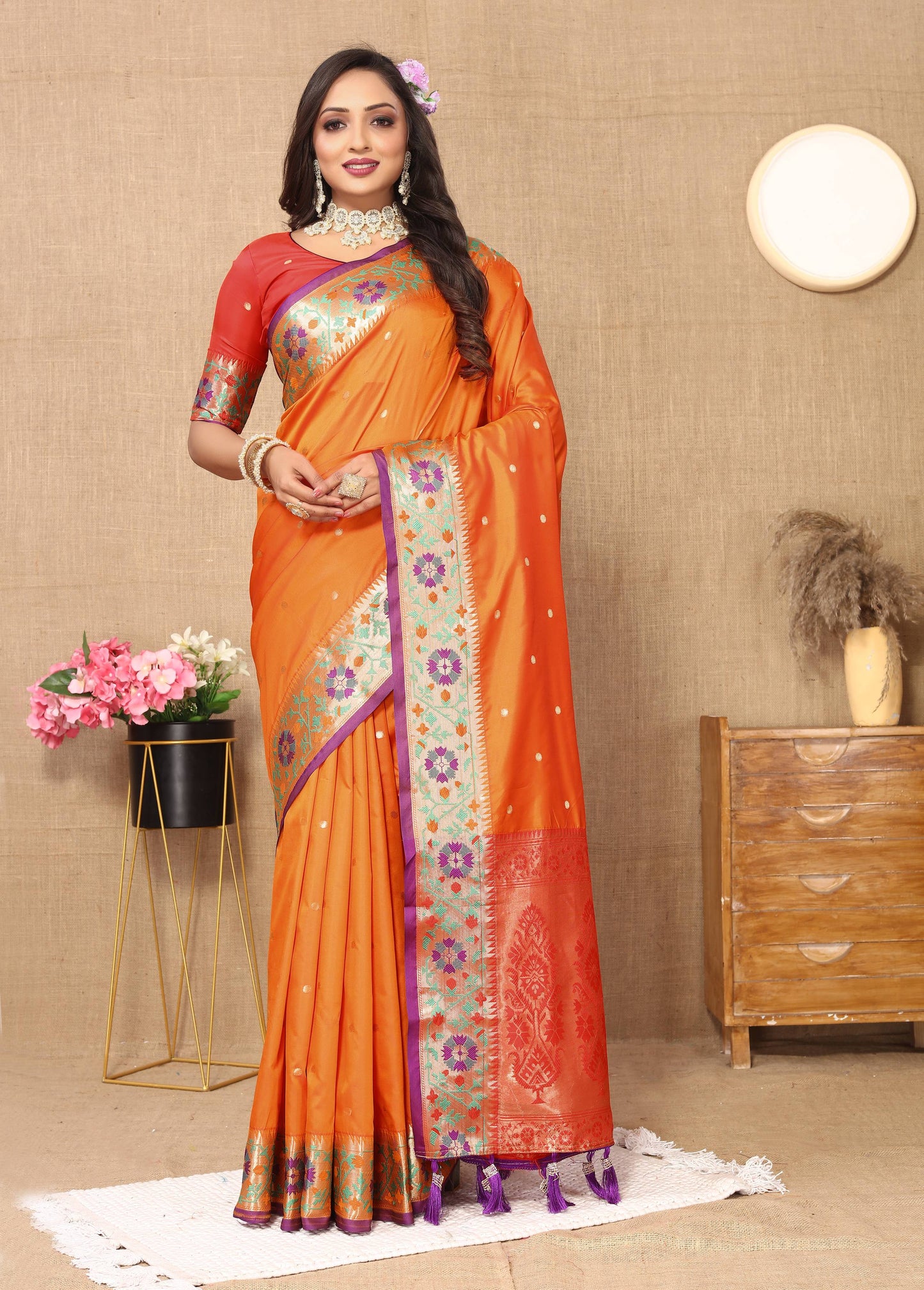 luxurious designer Women's Soft  Paithani  silk saree with Meenakari  weawing design  and  Rich Meenakari  weawing silk saree