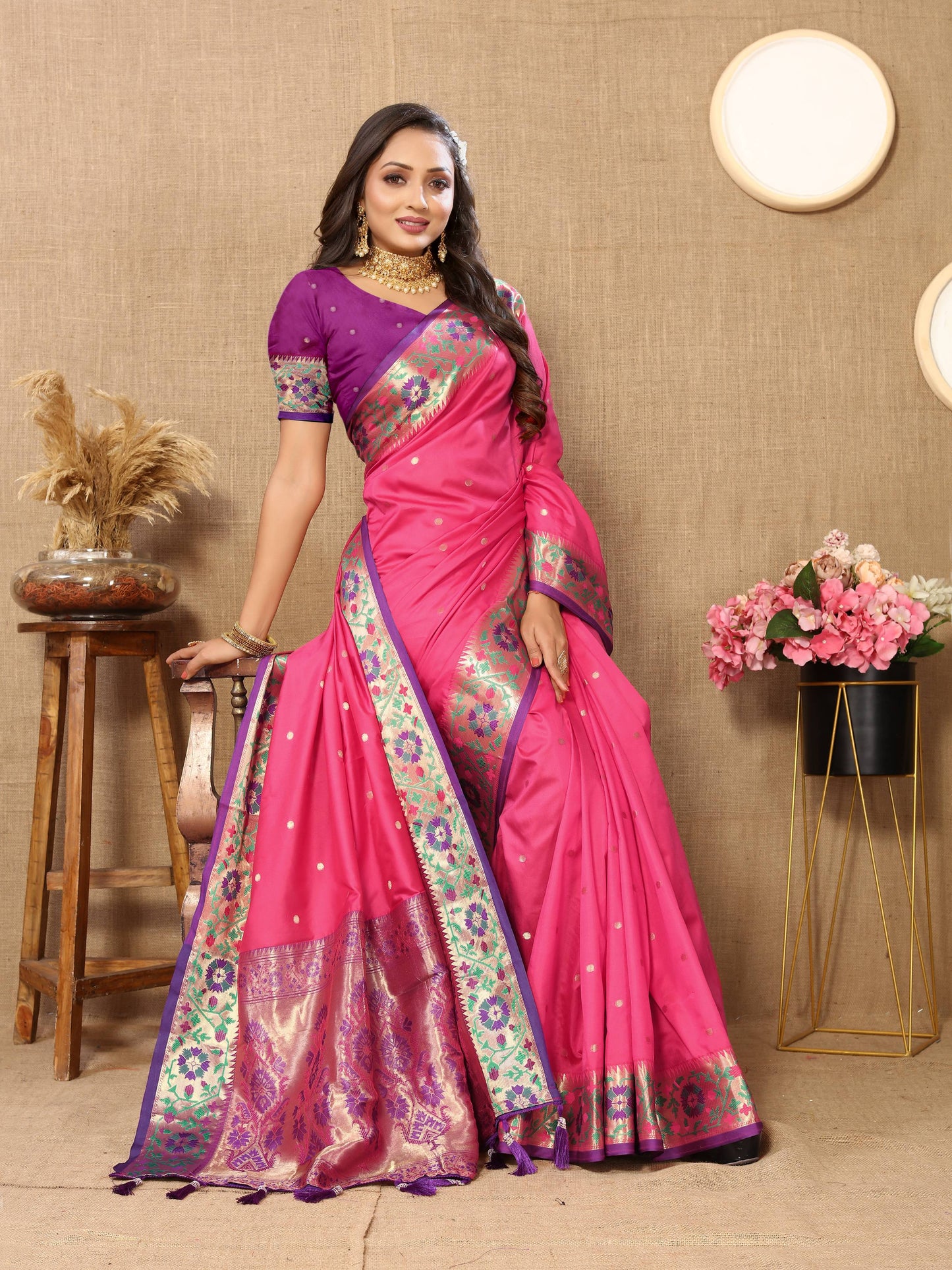 luxurious designer Women's Soft  Paithani  silk saree with Meenakari  weawing design  and  Rich Meenakari  weawing silk saree