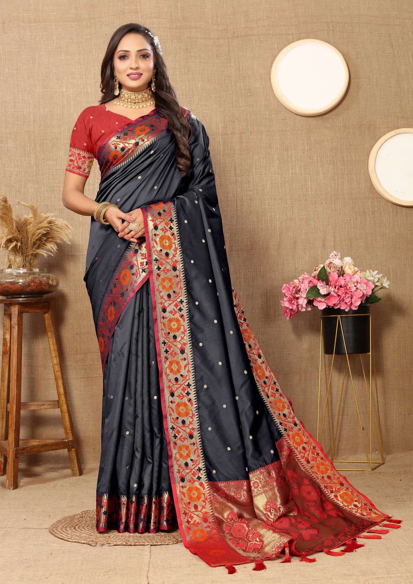 luxurious designer Women's Soft  Paithani  silk saree with Meenakari  weawing design  and  Rich Meenakari  weawing silk saree