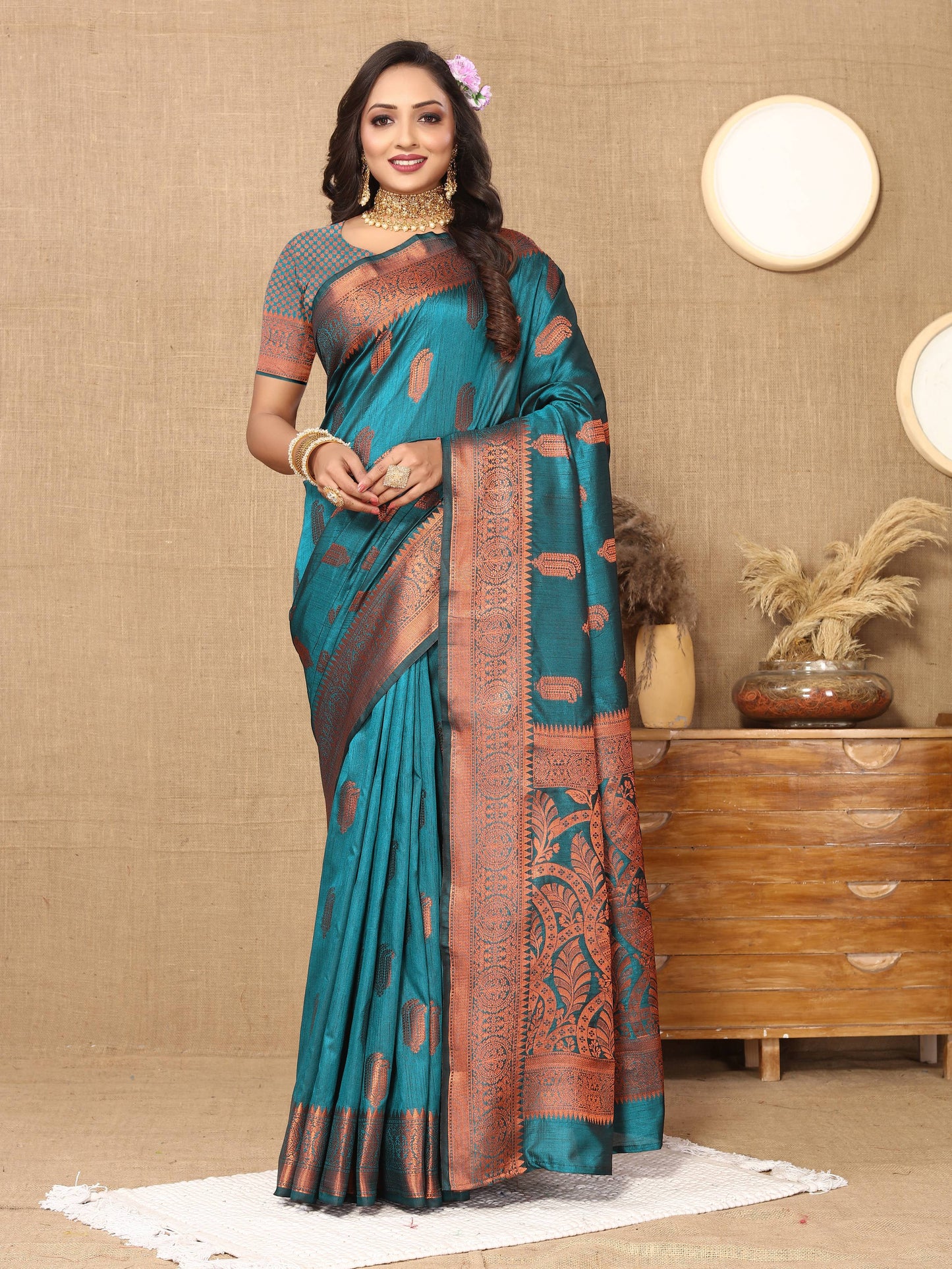 luxurious designer Women's Soft  katan silk saree with copper zari weawing design  and  Rich Zari weawing silk saree