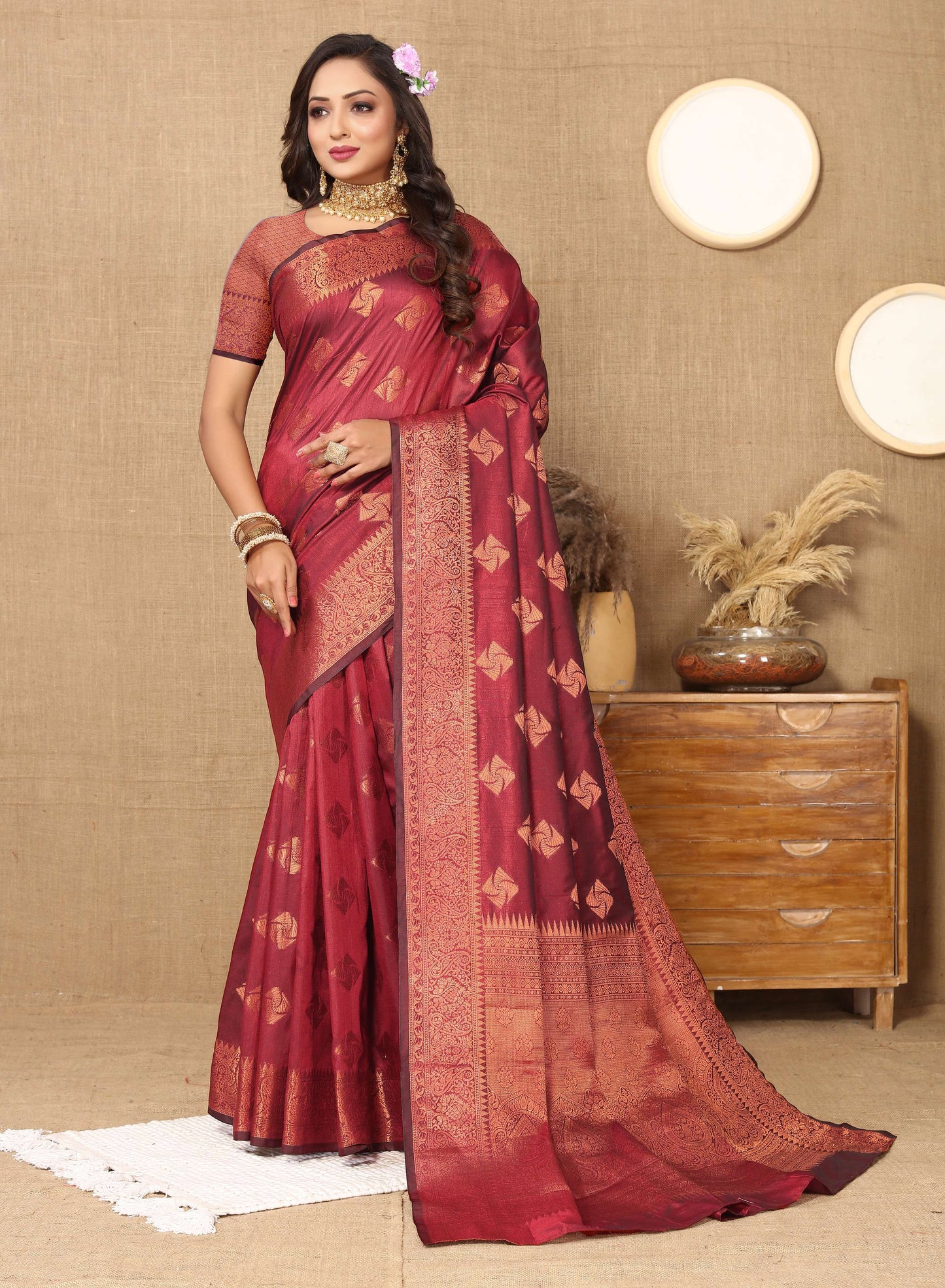 luxurious designer Women's Soft  katan silk saree with copper zari weawing design  and  Rich Zari weawing silk saree