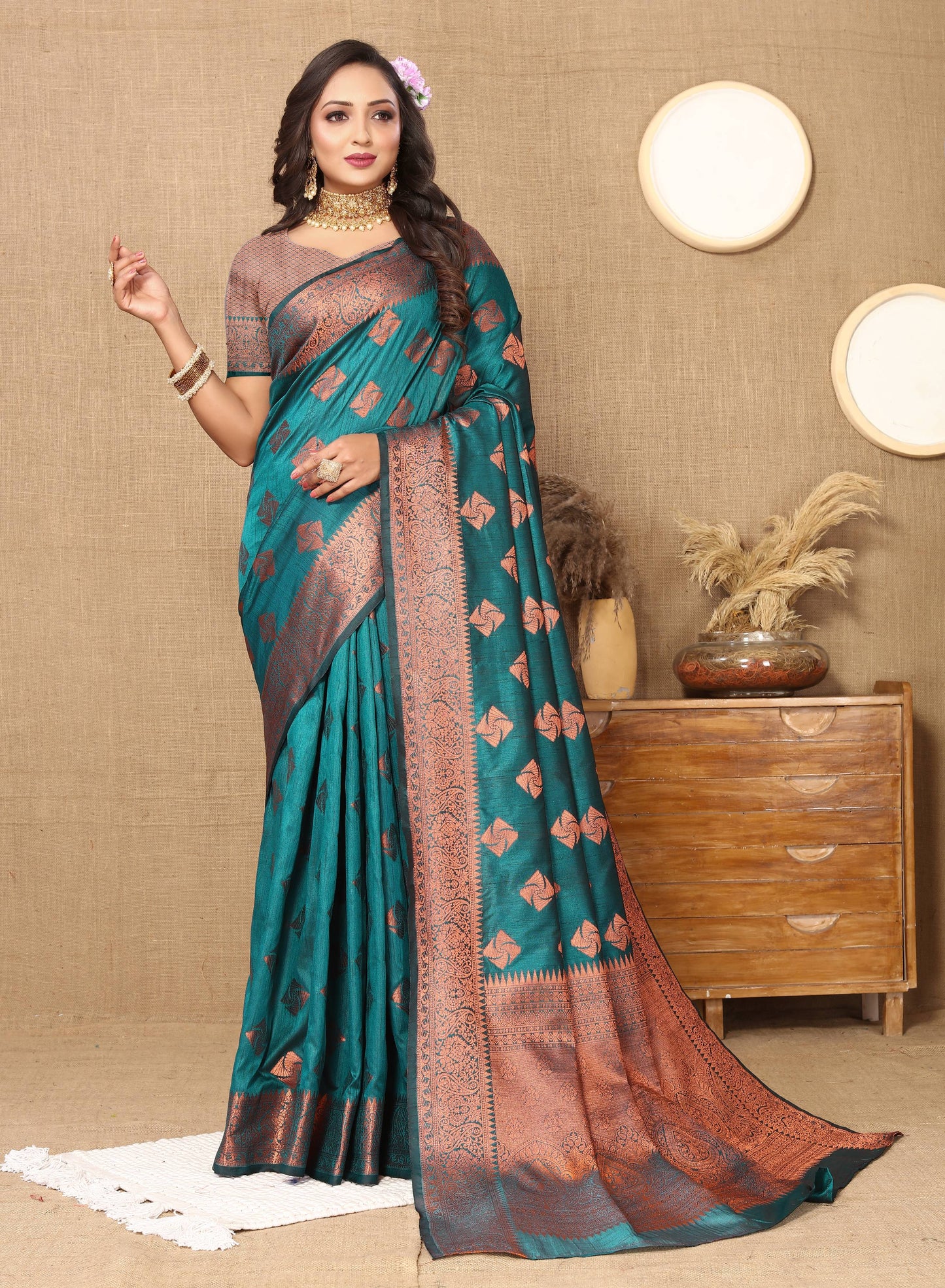 luxurious designer Women's Soft  katan silk saree with copper zari weawing design  and  Rich Zari weawing silk saree