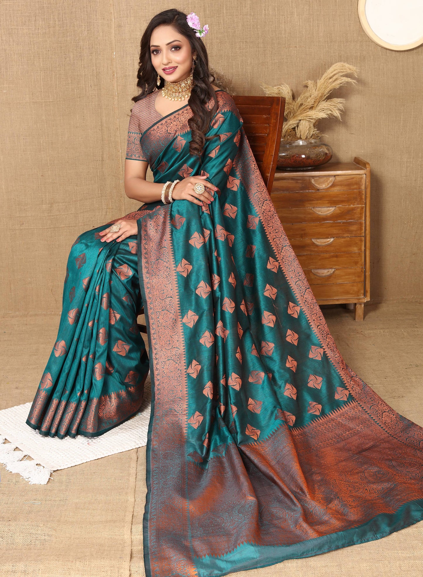 luxurious designer Women's Soft  katan silk saree with copper zari weawing design  and  Rich Zari weawing silk saree