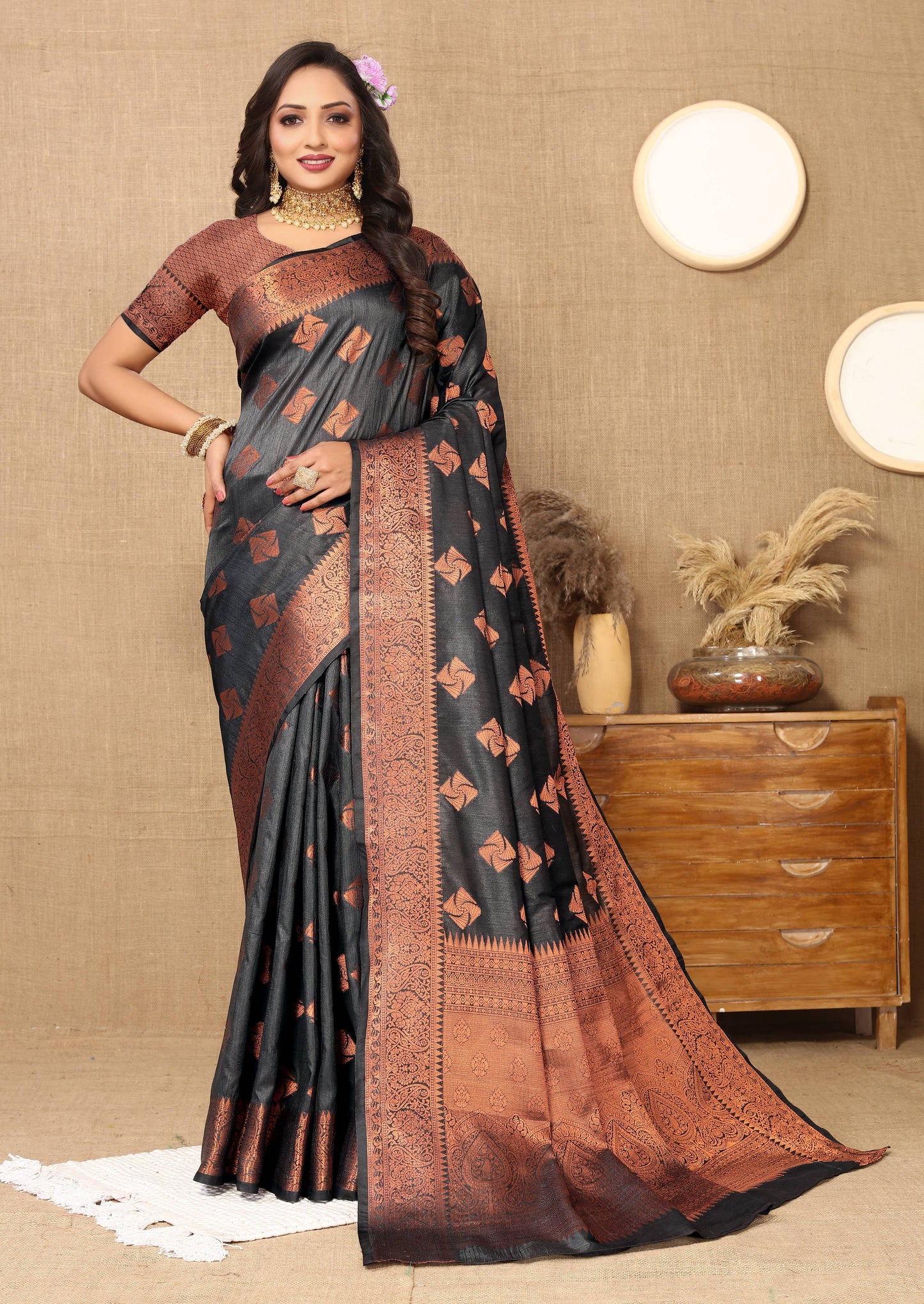 luxurious designer Women's Soft  katan silk saree with copper zari weawing design  and  Rich Zari weawing silk saree