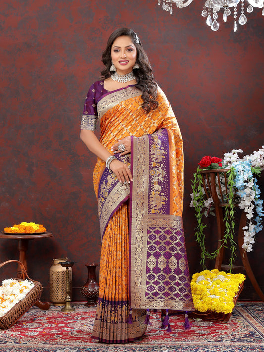 luxurious designer Women's Soft Patola silksaree with meenakari weawing motifs and Rich Zari weawing silk saree