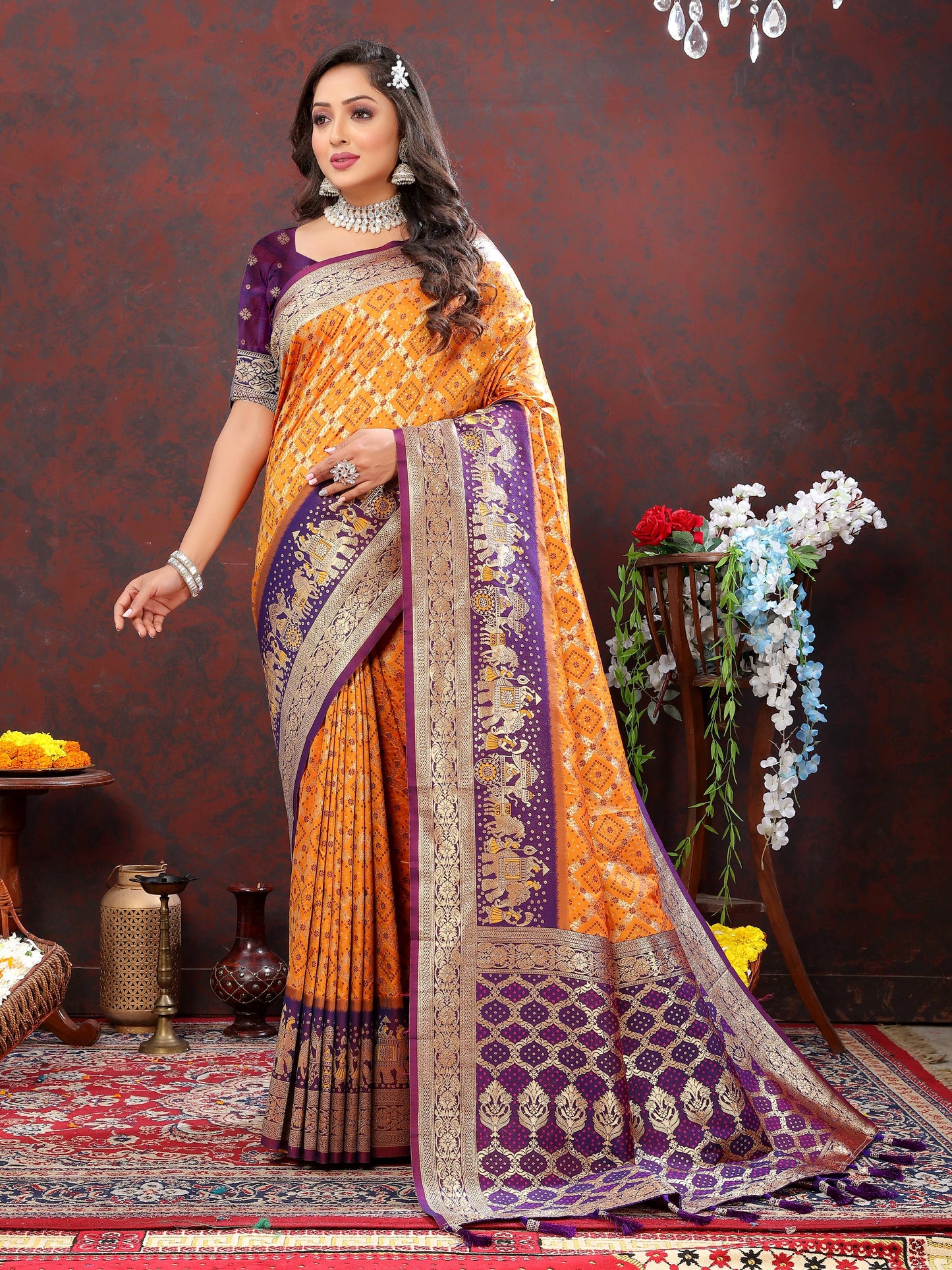 luxurious designer Women's Soft Patola silksaree with meenakari weawing motifs and Rich Zari weawing silk saree