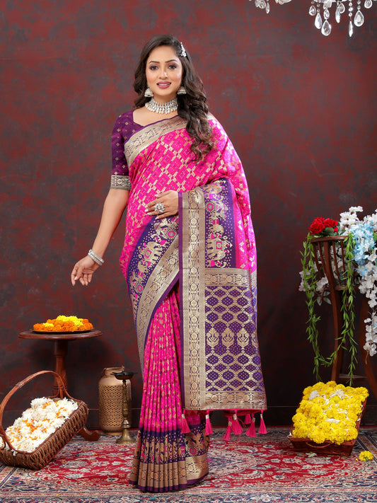 luxurious designer Women's Soft Patola silksaree with meenakari weawing motifs and Rich Zari weawing silk saree