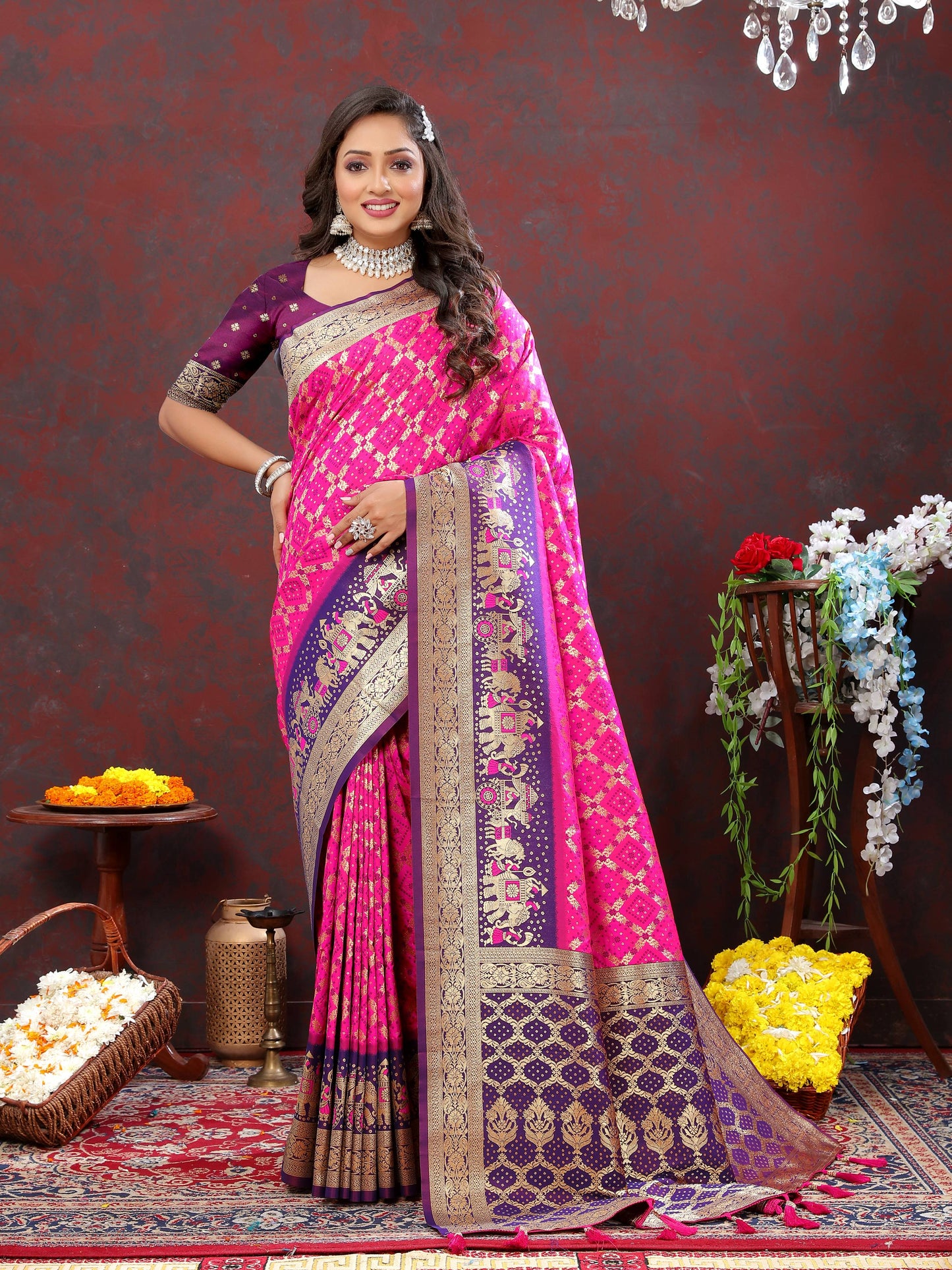 luxurious designer Women's Soft Patola silksaree with meenakari weawing motifs and Rich Zari weawing silk saree