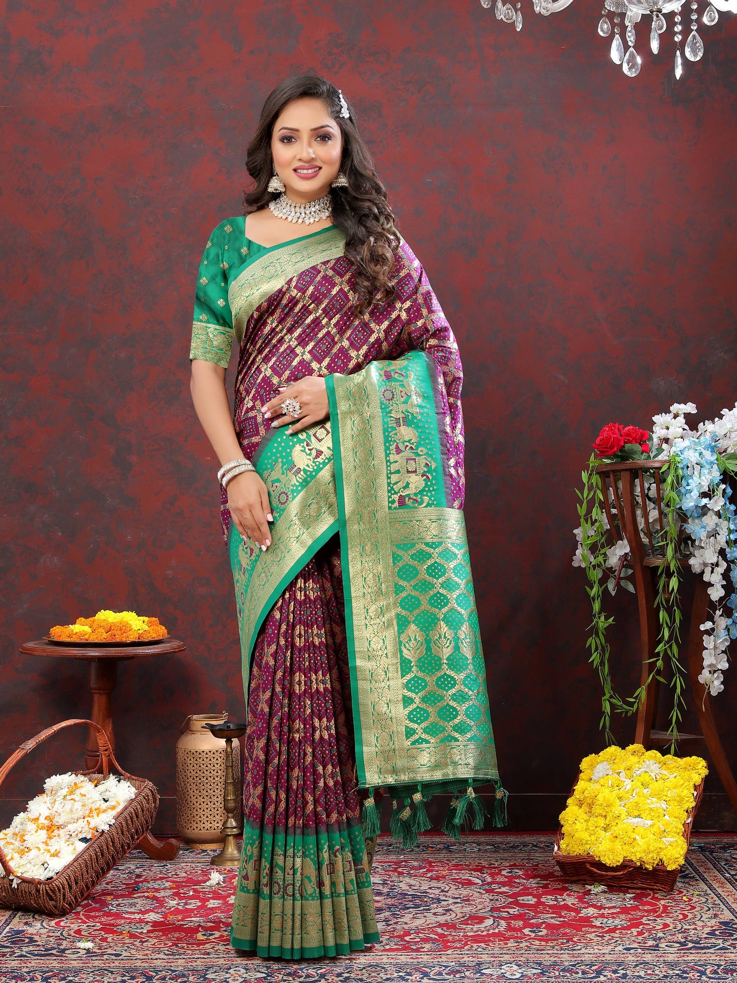 luxurious designer Women's Soft Patola silksaree with meenakari weawing motifs and Rich Zari weawing silk saree