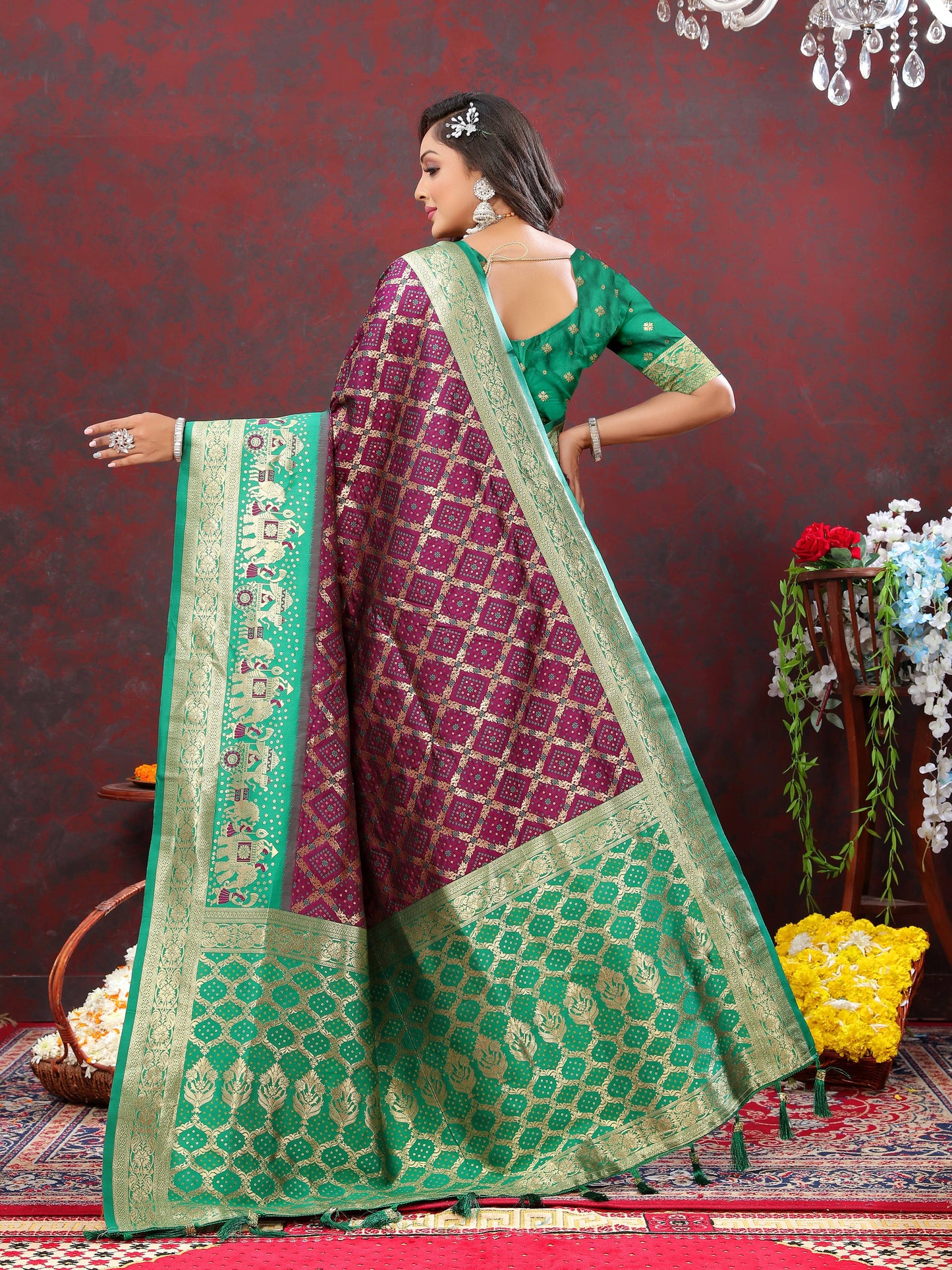 luxurious designer Women's Soft Patola silksaree with meenakari weawing motifs and Rich Zari weawing silk saree