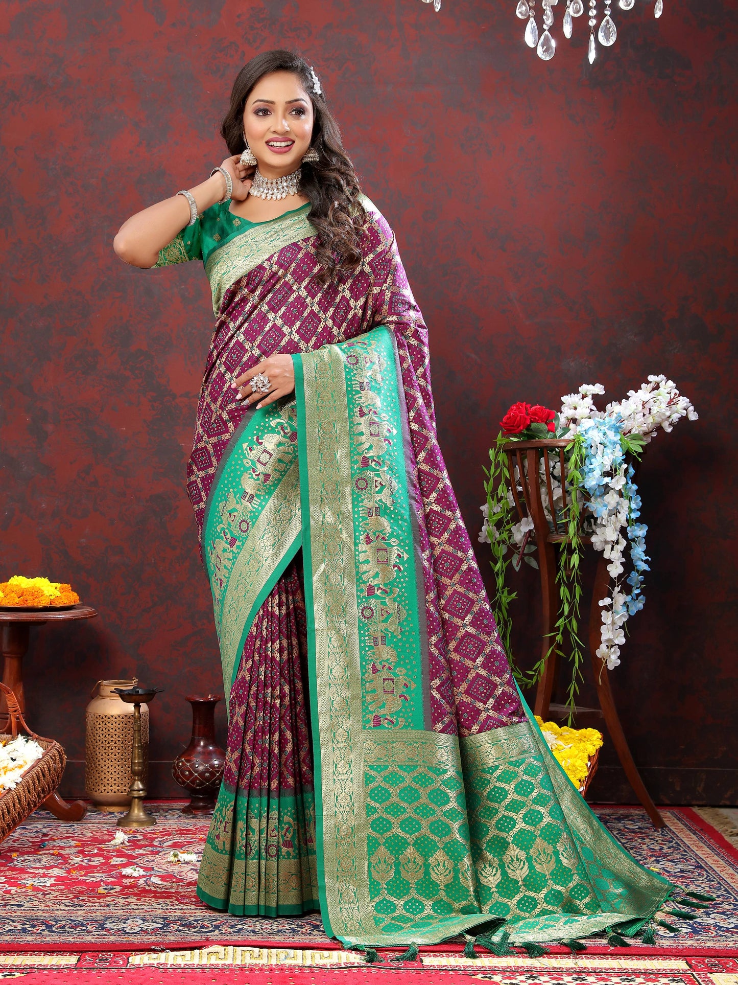 luxurious designer Women's Soft Patola silksaree with meenakari weawing motifs and Rich Zari weawing silk saree