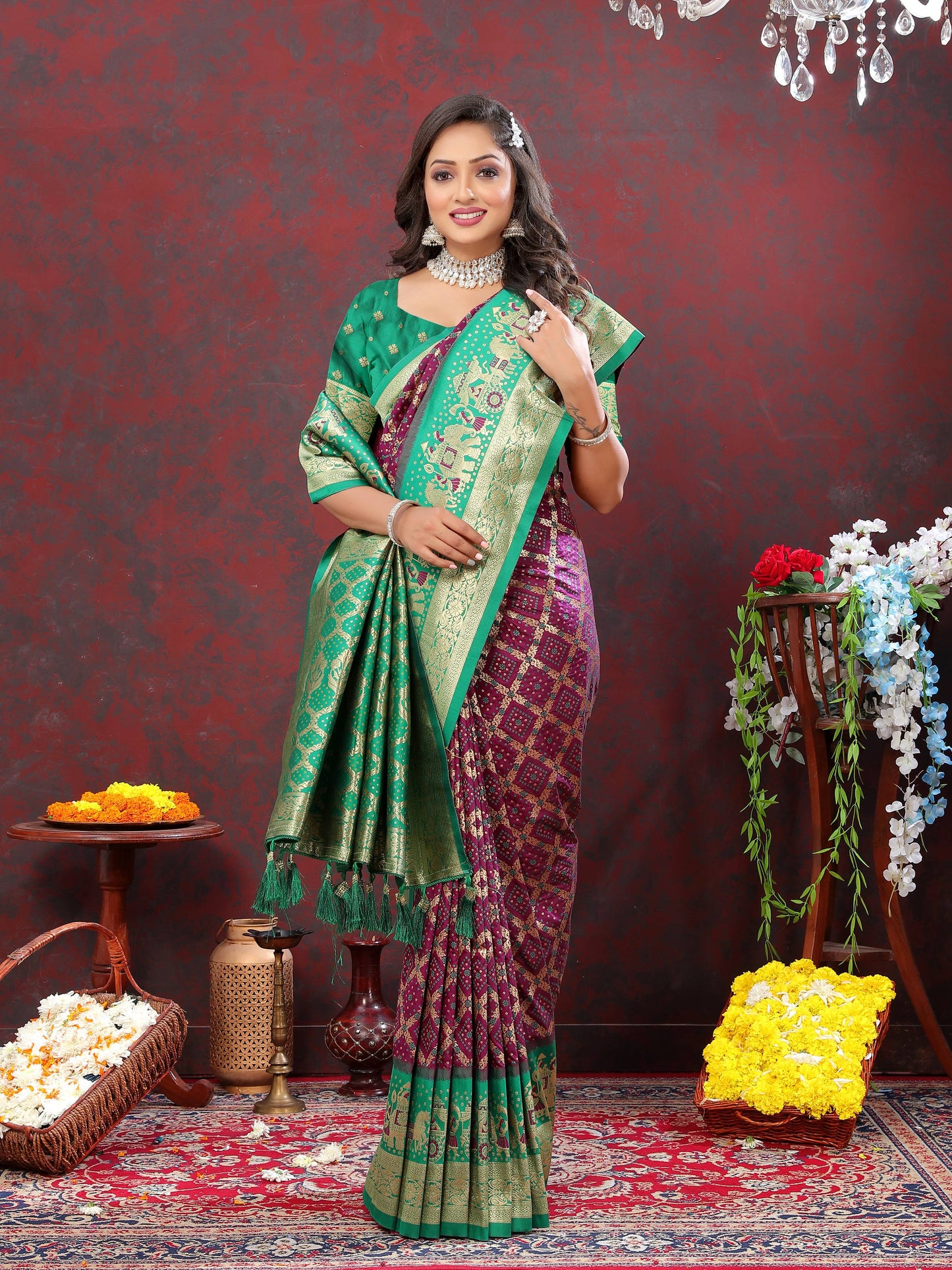 luxurious designer Women's Soft Patola silksaree with meenakari weawing motifs and Rich Zari weawing silk saree