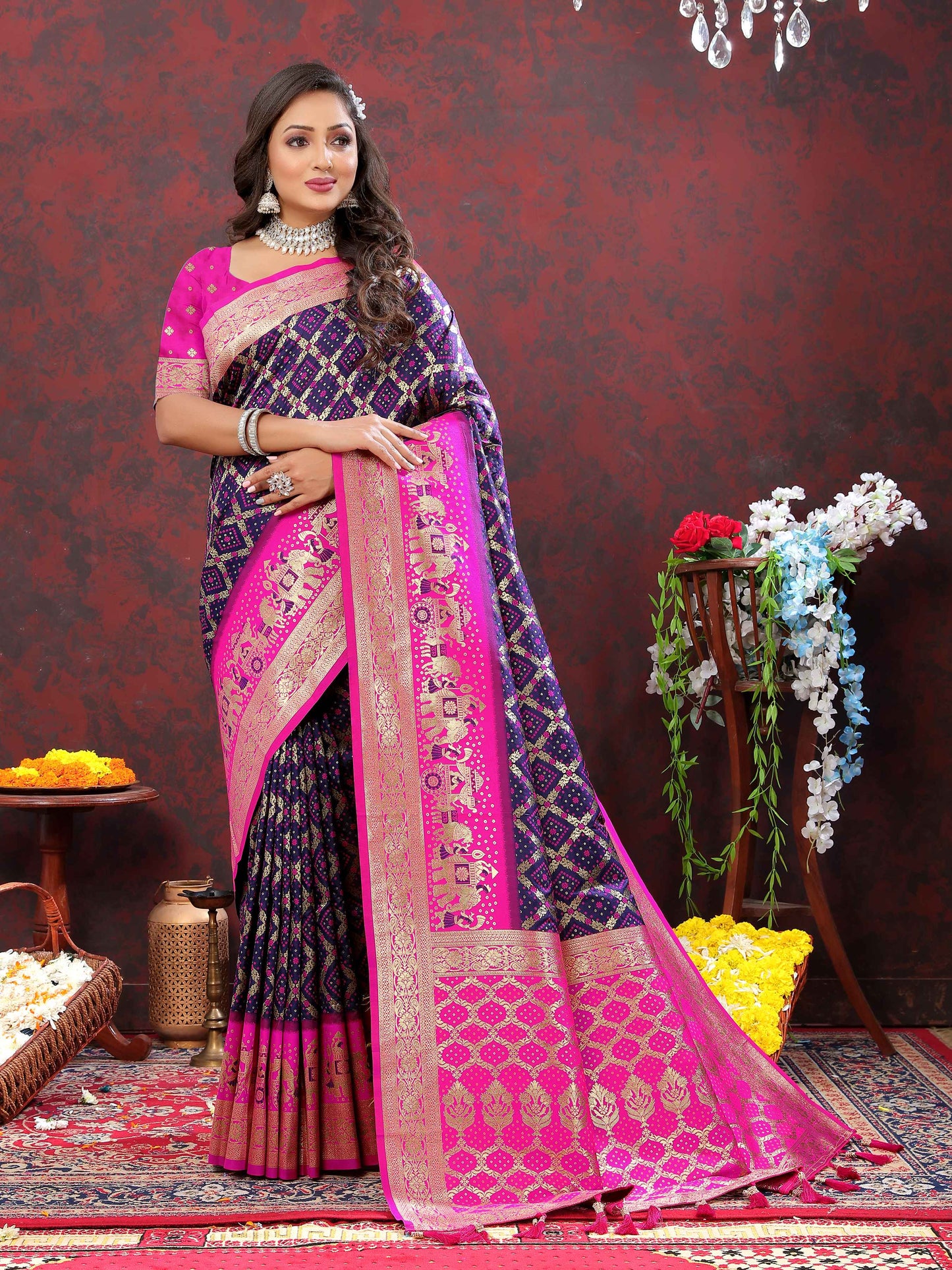 luxurious designer Women's Soft Patola silksaree with meenakari weawing motifs and Rich Zari weawing silk saree