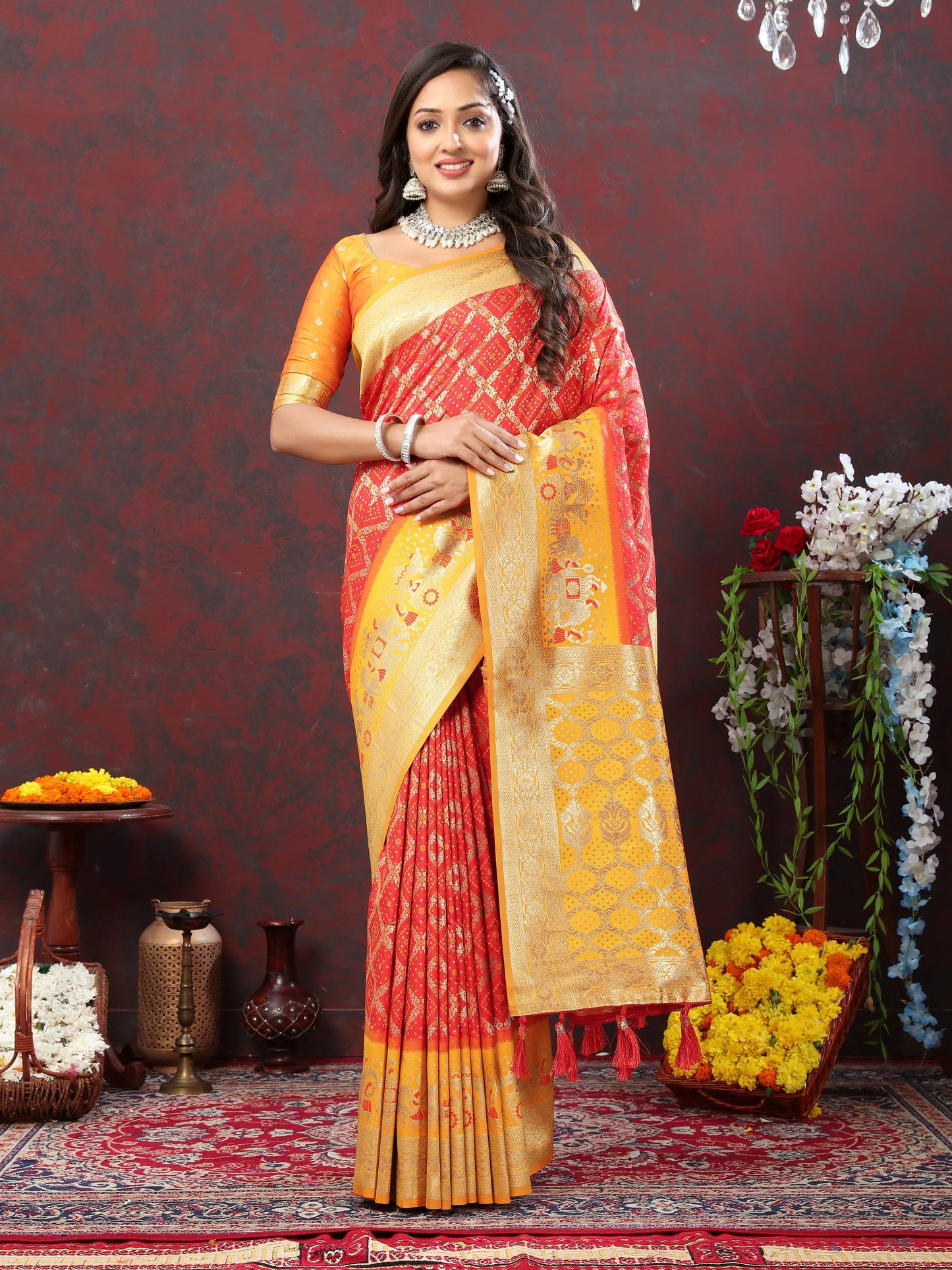 luxurious designer Women's Soft Patola silksaree with meenakari weawing motifs and Rich Zari weawing silk saree