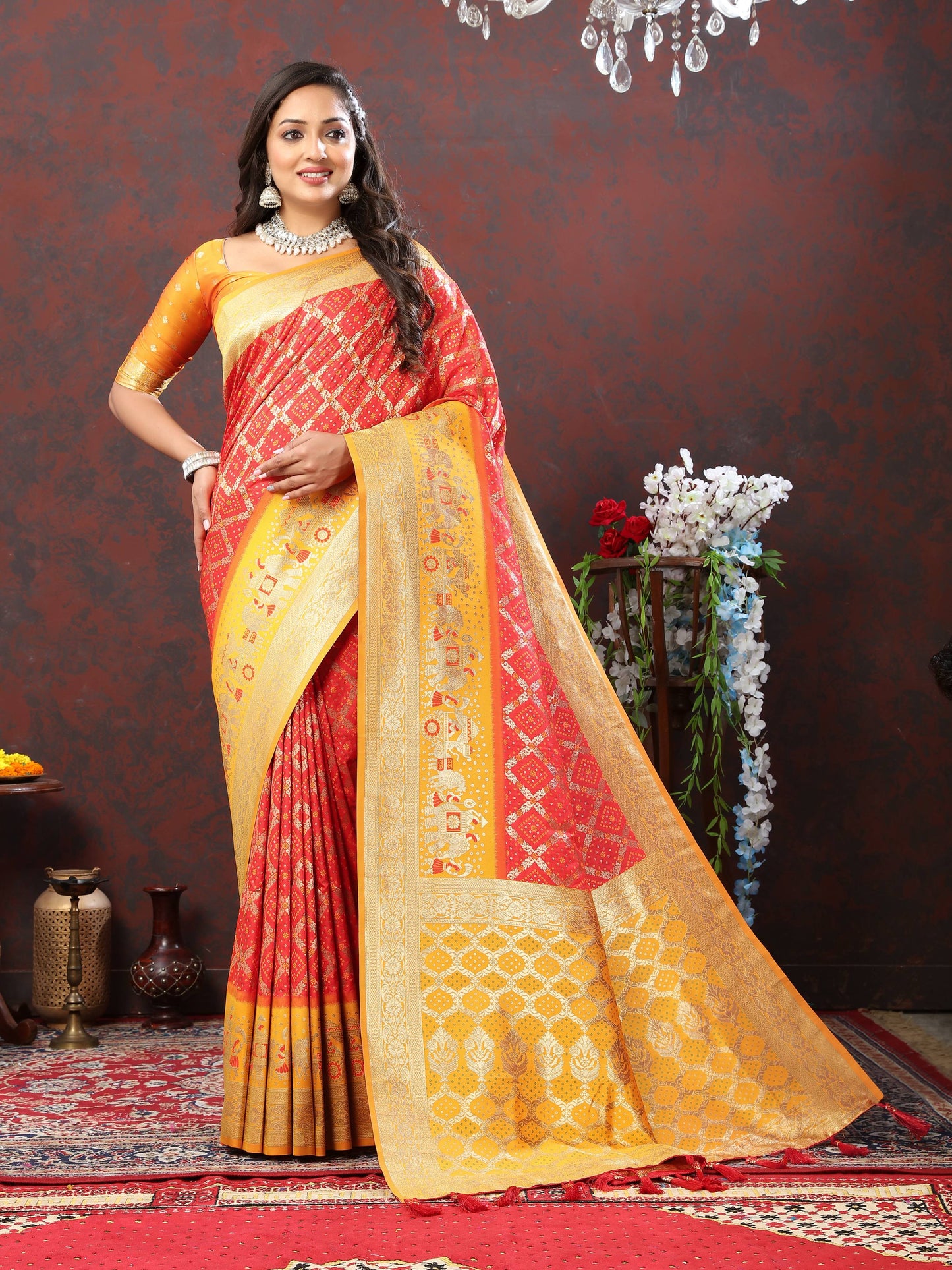 luxurious designer Women's Soft Patola silksaree with meenakari weawing motifs and Rich Zari weawing silk saree