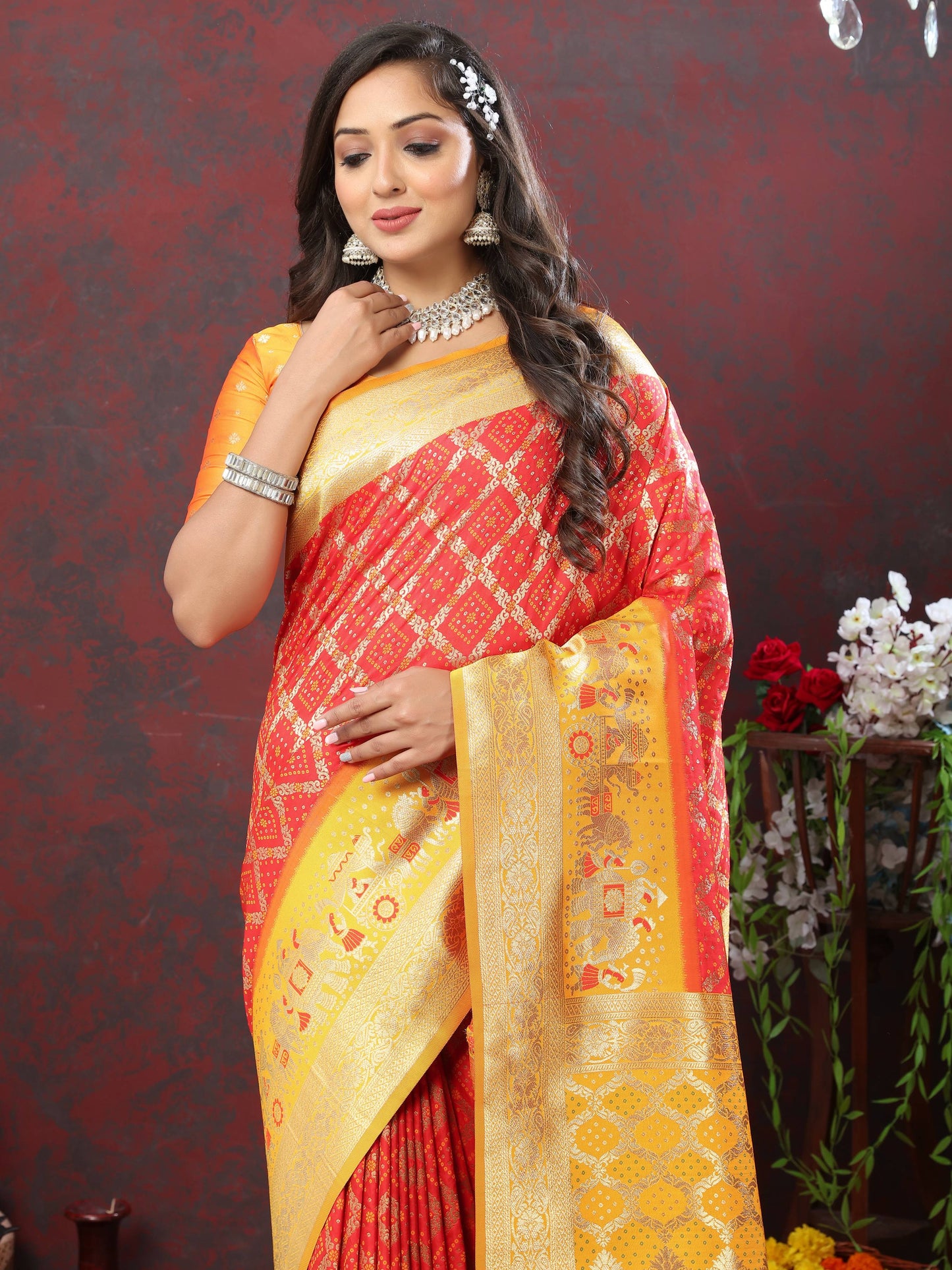 luxurious designer Women's Soft Patola silksaree with meenakari weawing motifs and Rich Zari weawing silk saree