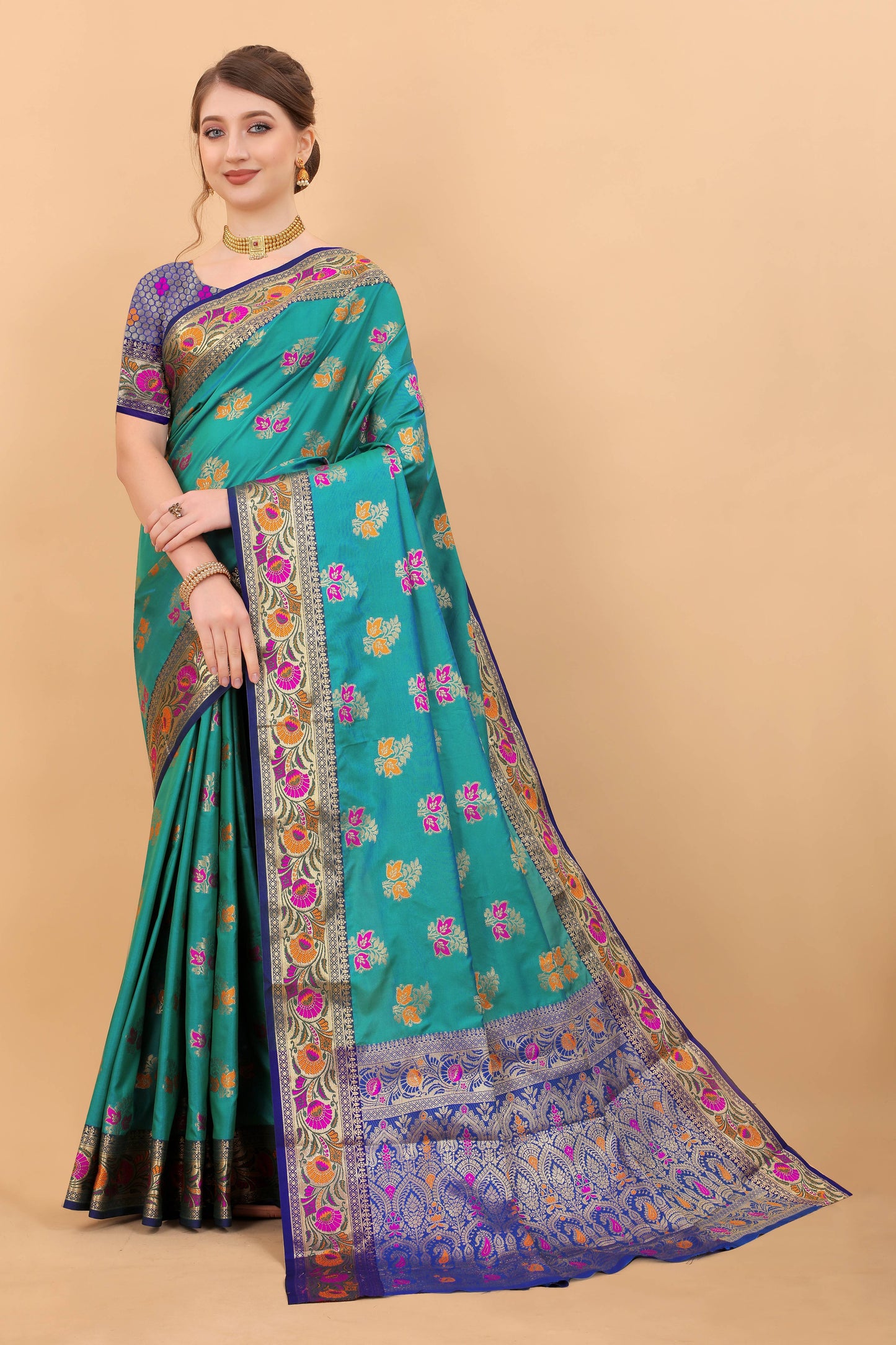 luxurious designer Women's Soft Silk saree with Meenakari weawing design  and Rich Zari weawing silk saree