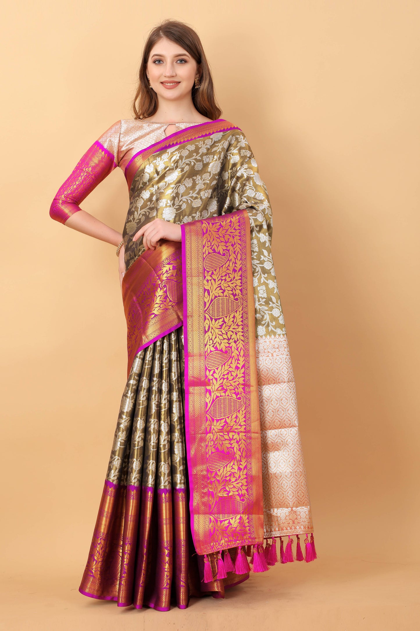 luxurious designer Women's Soft  Kanjivaram silk saree with zari weawing design  and Rich Zari silk saree