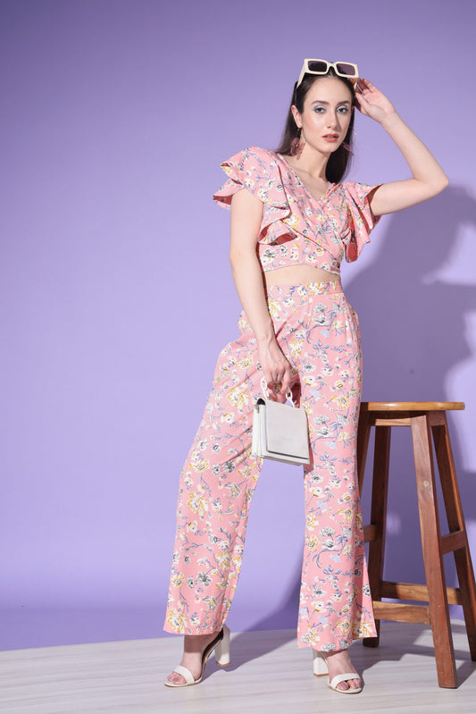 Cute Floral Printed Crop-Top With Trousers-SUCOD-01