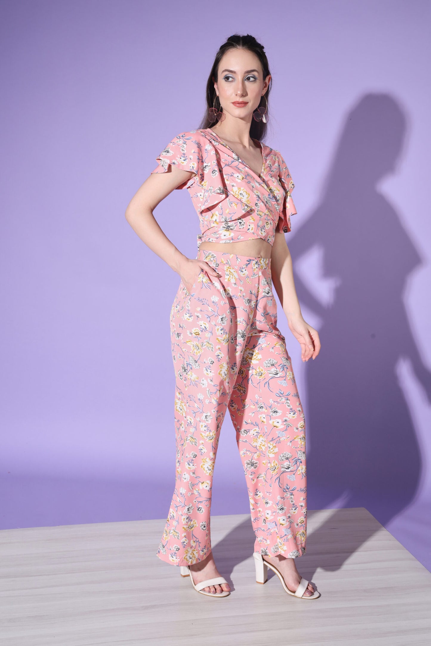 Cute Floral Printed Crop-Top With Trousers-SUCOD-01