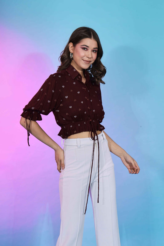 Stylish Maroon Viscose Rayon Self Design Collar Pattern Top